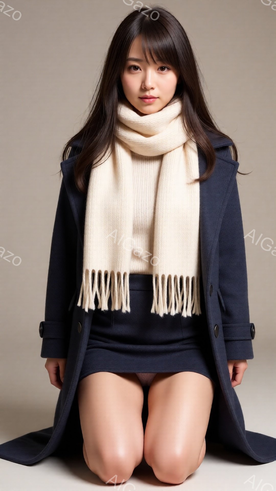 長い黒髪の女性が、クリーム色のマフラーとセーター、濃紺のコート、黒いミニスカートを身に着けています。彼女は床にひざまずき、やや下を向いた表情でカメラを見ています。背景は明るい灰色で、全体的に落ち着いた - AI生成フリー素材