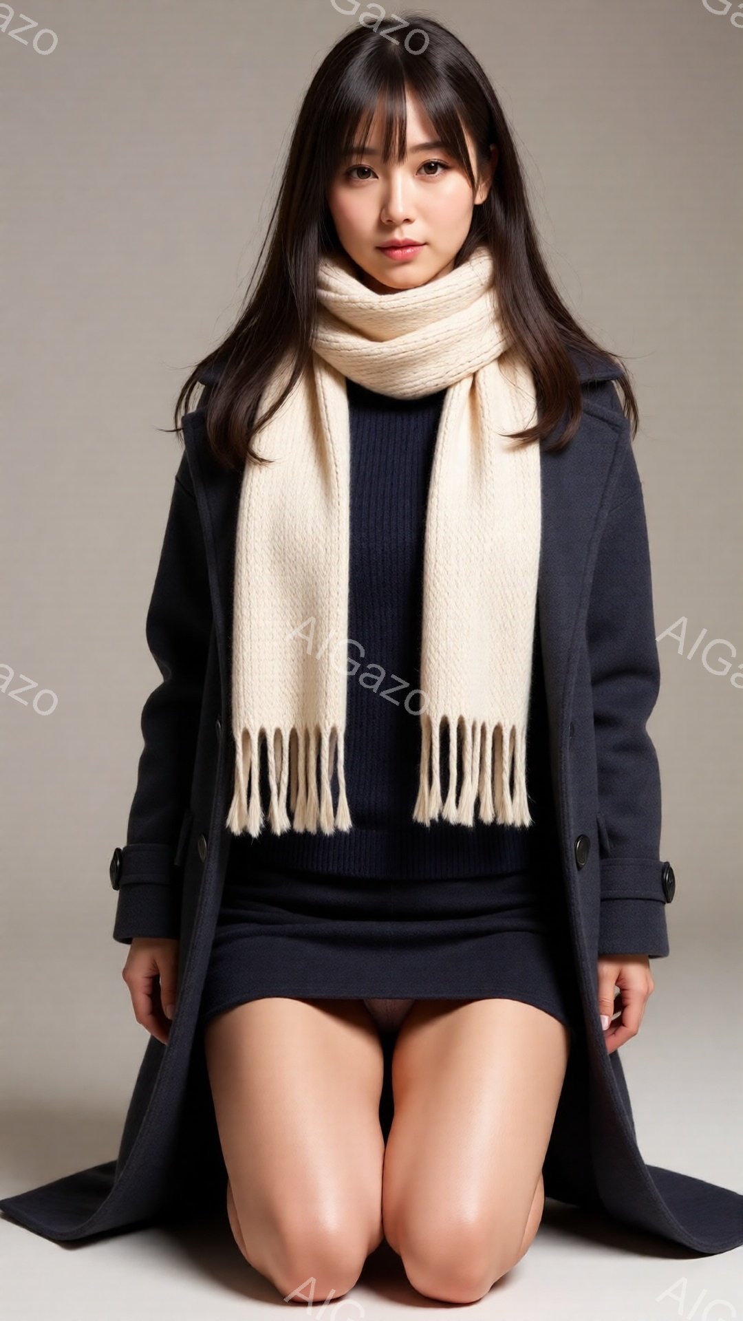 長い黒髪を肩にかけた女性が、クリーム色の編み物のマフラーと黒いタイトなワンピース、そして黒いコートを着ています。彼女は床に跪いており、表情は穏やかでどこか物憂げです。背景は淡いグレーで、全体的に落ち着 - AI生成フリー素材