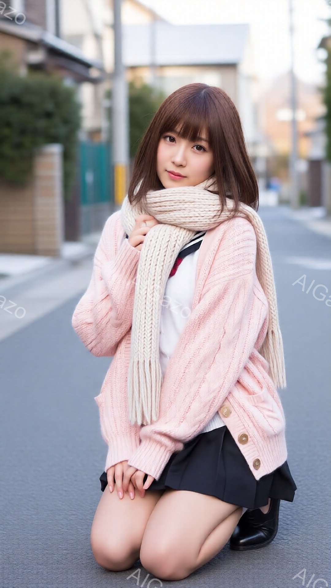 少女はピンク色のケーブルニットカーディガンと白いシャツ、黒いミニスカート、黒いブーツを身に着けて、アスファルトの路上に膝をついています。彼女はベージュ色の厚手のニットマフラーを首に巻き、少し微笑んだ表情をしています。背景には住宅や道路が見え、日差しが穏やかな雰囲気を作り出しています。