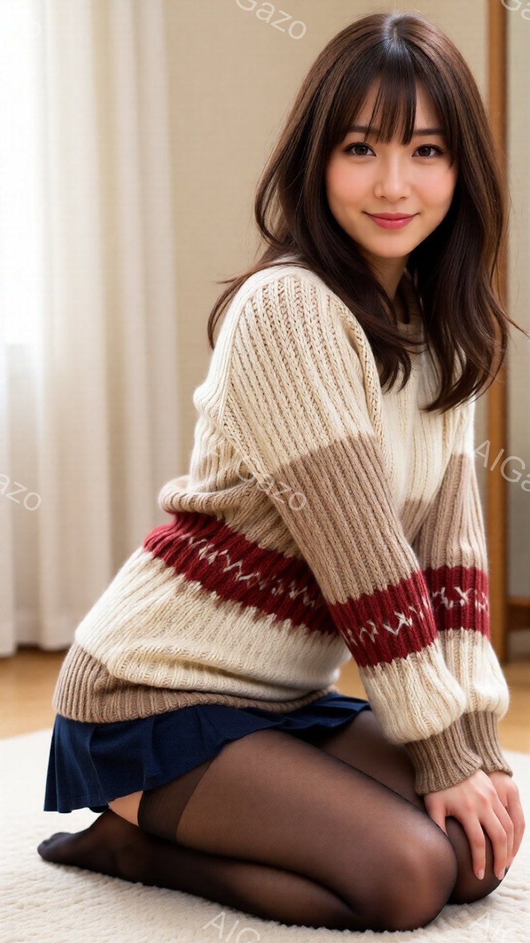 長い茶色の髪を耳にかける若い女性が、クリーム色の赤い模様のセーターと紺色の短いスカート、黒いタイツを着用してひざまずいています。彼女は微笑んでおり、柔らかな光が当たってリラックスした雰囲気です。背景は - AI生成フリー素材