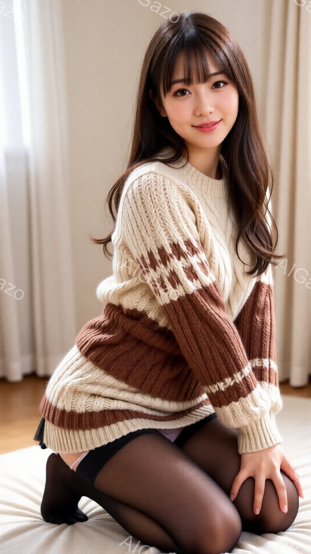 長い茶色の髪を肩まで下ろし、前髪は眉毛にかかるようにカットされた若い女性が写っています。彼女は茶色とベージュのストライプのゆったりとしたニットセーターと、黒いタイツ、そして短いスカートを身に着けて、床 - AI生成フリー素材