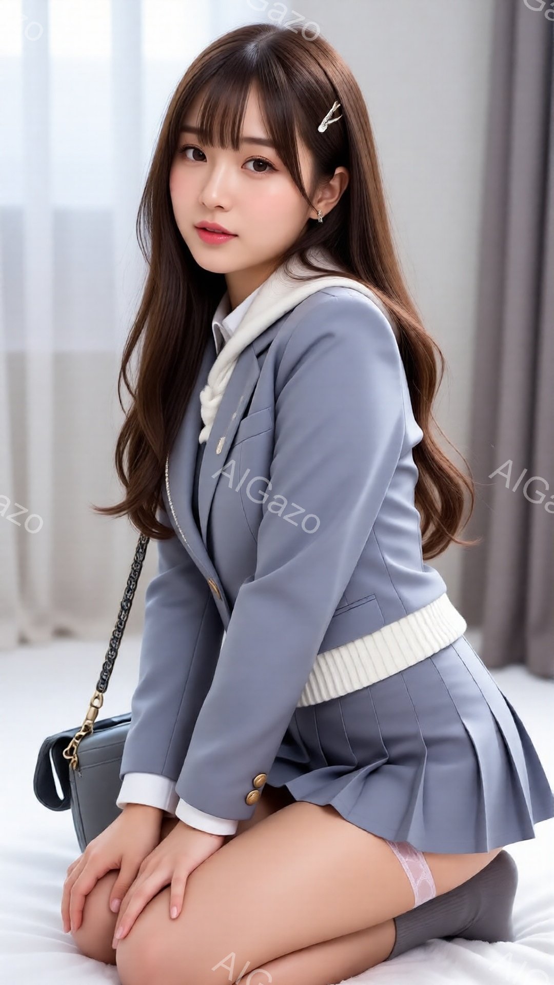 長い茶色の髪に、前髪を少しふんわりとさせた女性が、明るいグレーのブレザーとプリーツスカートの制服姿で膝を曲げて座っている。彼女は白いセーターを合わせ、キラキラと輝くヘアピンをつけて微笑んでいる。背景はぼやけていて、クリーム色の壁と柔らかい光が室内にあることを示唆しており、全体的に優しく、上品な雰囲気である。