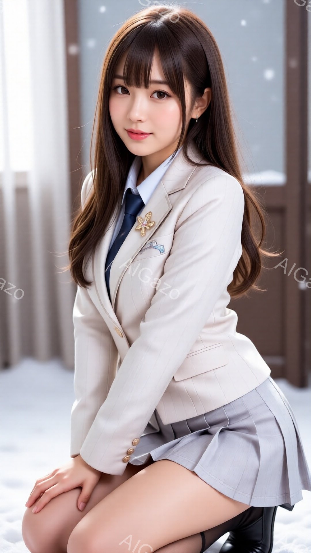 長い茶色の髪に前髪が特徴的な若い女性が、ベージュ色のブレザーとチェック柄のスカート、ネクタイを着用しています。彼女は少し膝を曲げて座り、微笑んでいます。背景にはぼやけた室内と雪景色が見え、全体的に柔らかく明るい雰囲気です。