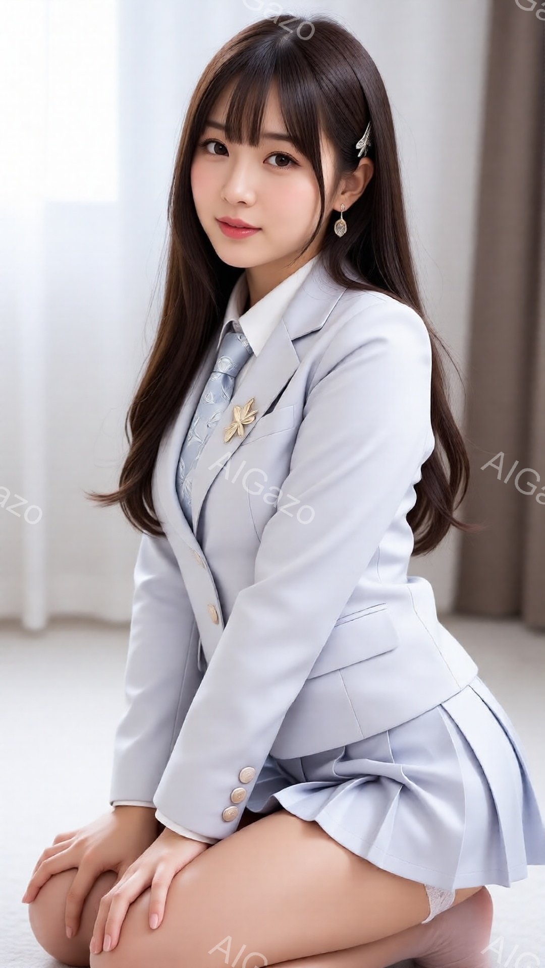 長い茶色の髪に、前髪が少しカールして可愛らしい印象の女性が写っています。ライトブルーの制服のような服装で、白いシャツに薄い青色のネクタイ、そして膝丈のスカートを履いています。女性は床にひざまずき、少し微笑んでおり、明るく優しい雰囲気です。