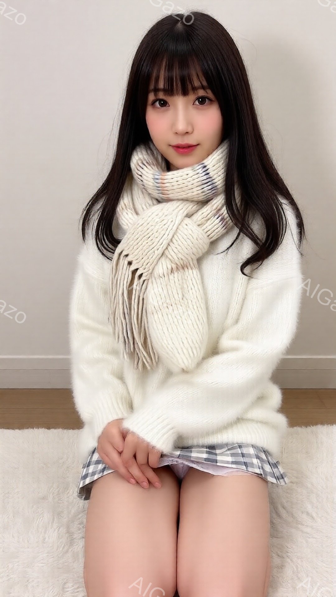 黒髪のロングヘアの女性が、白い厚手のニットセーターとチェック柄のスカートを身に着けています。彼女は両手で膝を抱え、少し微笑んでいます。背景はシンプルな壁と白いカーペットで、全体的に暖かく優しい雰囲気で - AI生成フリー素材
