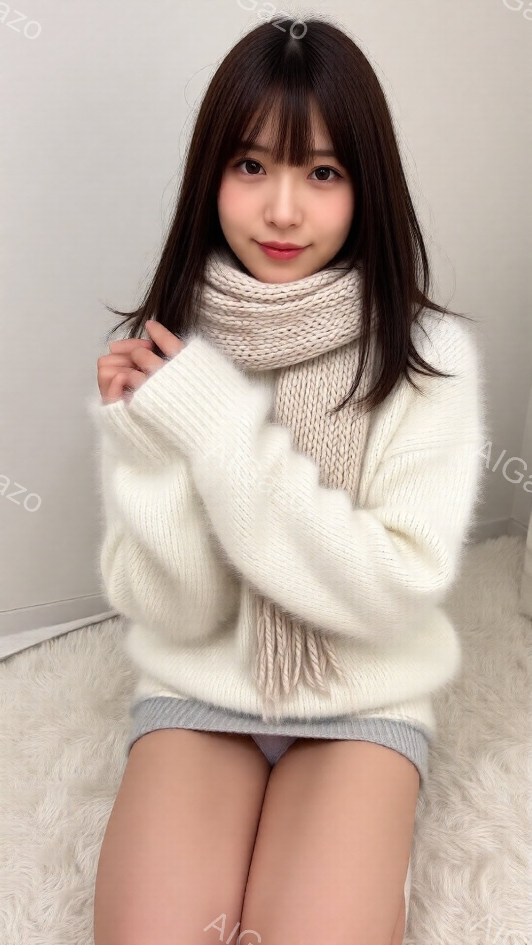 長い黒髪で前髪を流した女性が、オフホワイトの厚手のニットセーターとグレーのスカートを着用しています。彼女は微笑んでおり、リラックスした雰囲気で、膝を曲げて座っています。背景は白くぼやけており、ふわふわ - AI生成フリー素材