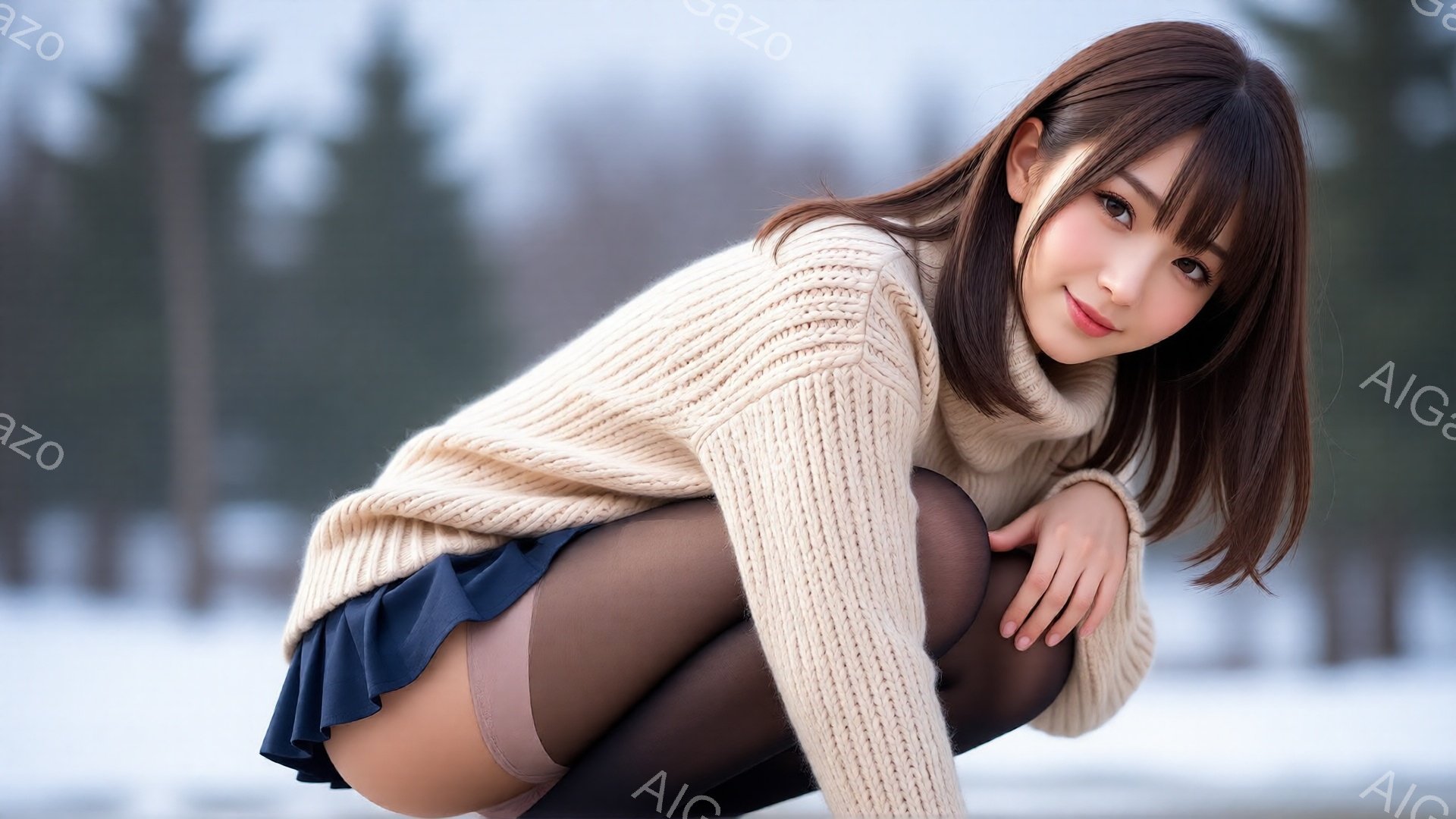 彼女はオフホワイトのざっくり編みのセーターと紺色のミニスカート、黒いタイツを着用し、雪景色を背景にしゃがむポーズをとっています。笑顔でカメラを見つめ、長い茶色の髪は肩にかかっています。背景はぼやけた木 - AI生成フリー素材