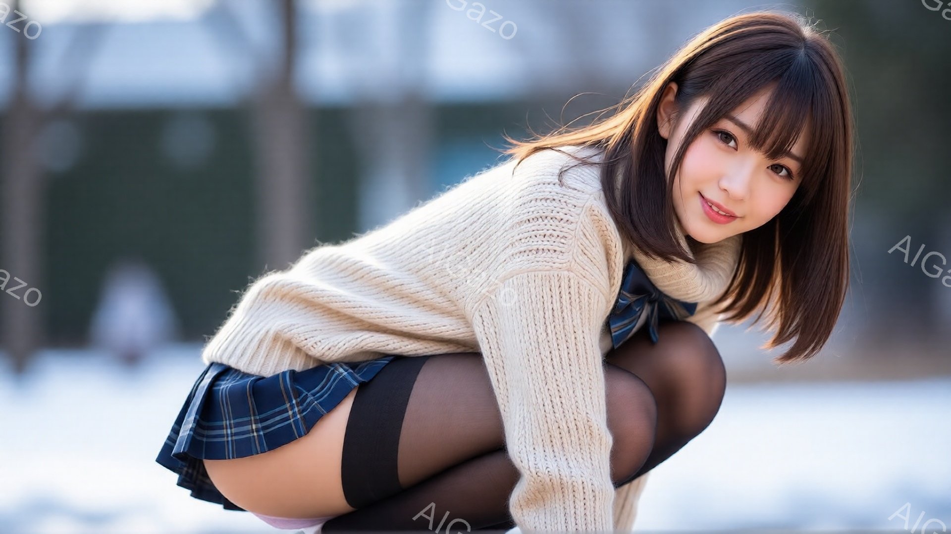 明るい笑顔を見せる若い女性が写っている。ベージュのざっくり編みのセーターとチェック柄のプリーツスカート、黒のタイツを着用し、膝を曲げてこちらを見ている。背景にはぼやけた建物と、光が差し込む冬の風景が広 - AI生成フリー素材