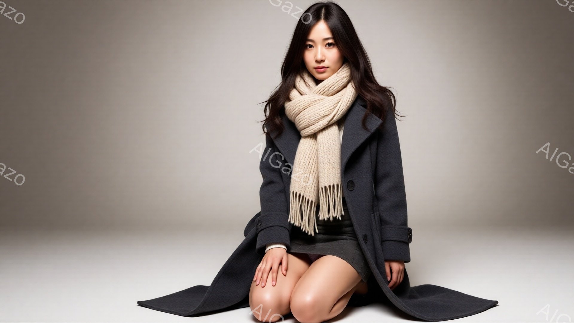 長い黒髪を肩にかける女性が、膝を曲げて座っています。グレーの長いコートと黒いスカートを身に着け、ベージュ色のマフラーを首に巻いています。背景は淡いグレーで、全体的に落ち着いた雰囲気です。