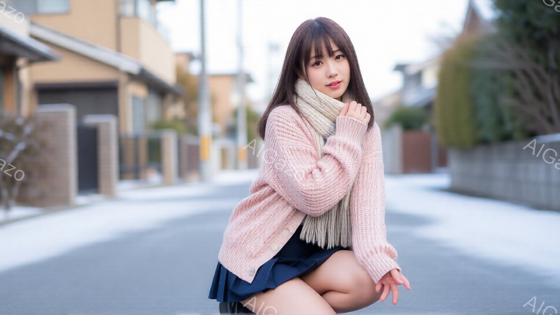 若い女性が道路にひざまずいてポーズを取っています。ピンク色のざっくりとしたカーディガンに白いストライプの入ったスカーフを巻き、黒いプリーツスカートと黒い靴を履いています。背景には住宅や木々が見え、道路はやや濡れており、少しどんよりとした天気です。