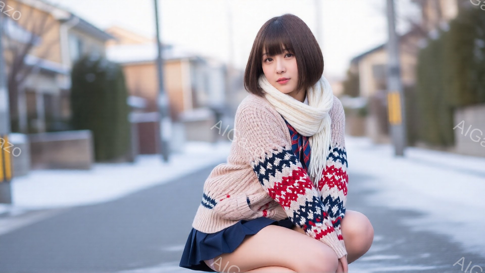 茶髪のボブヘアに、前髪ぱっつんの女性が、冬の路上にしゃがんでいます。赤い模様が入ったクリーム色のニットセーターに、チェックのシャツ、紺色のスカート、そして白いマフラーを巻いており、少し微笑んでいます。背景には住宅や木々が見え、地面には雪が積もっており、全体的に穏やかで冬らしい雰囲気です。