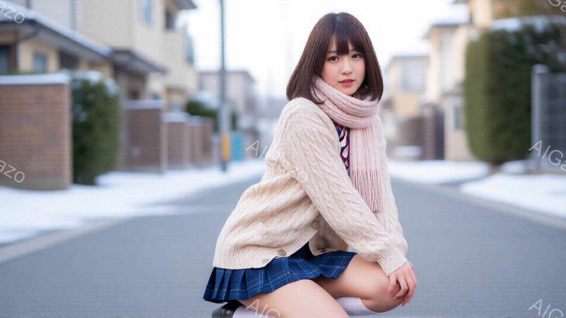 明るい茶色の髪を肩まで伸ばした若い女性が、チェック柄のスカートと白いシャツ、ベージュのケーブルニットカーディガン、ピンクの巻き物を身に着けています。女性は道路に膝を曲げて座っており、わずかにカメラ目線 - AI生成フリー素材