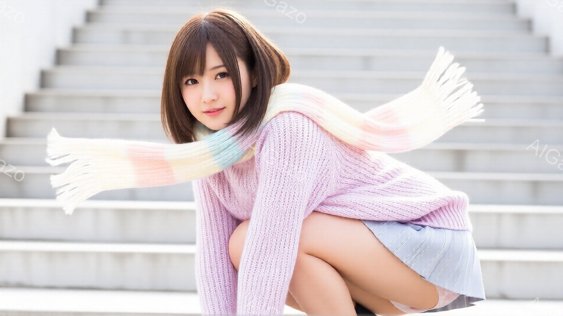 若い女性が、パステルピンクのざっくり編みのセーターと水色のミニスカートを着て、石段の上にしゃがんでいます。彼女は長いストライプ柄のショールを肩にかけ、少し微笑みながらカメラを見つめています。背景には、 - AI生成フリー素材