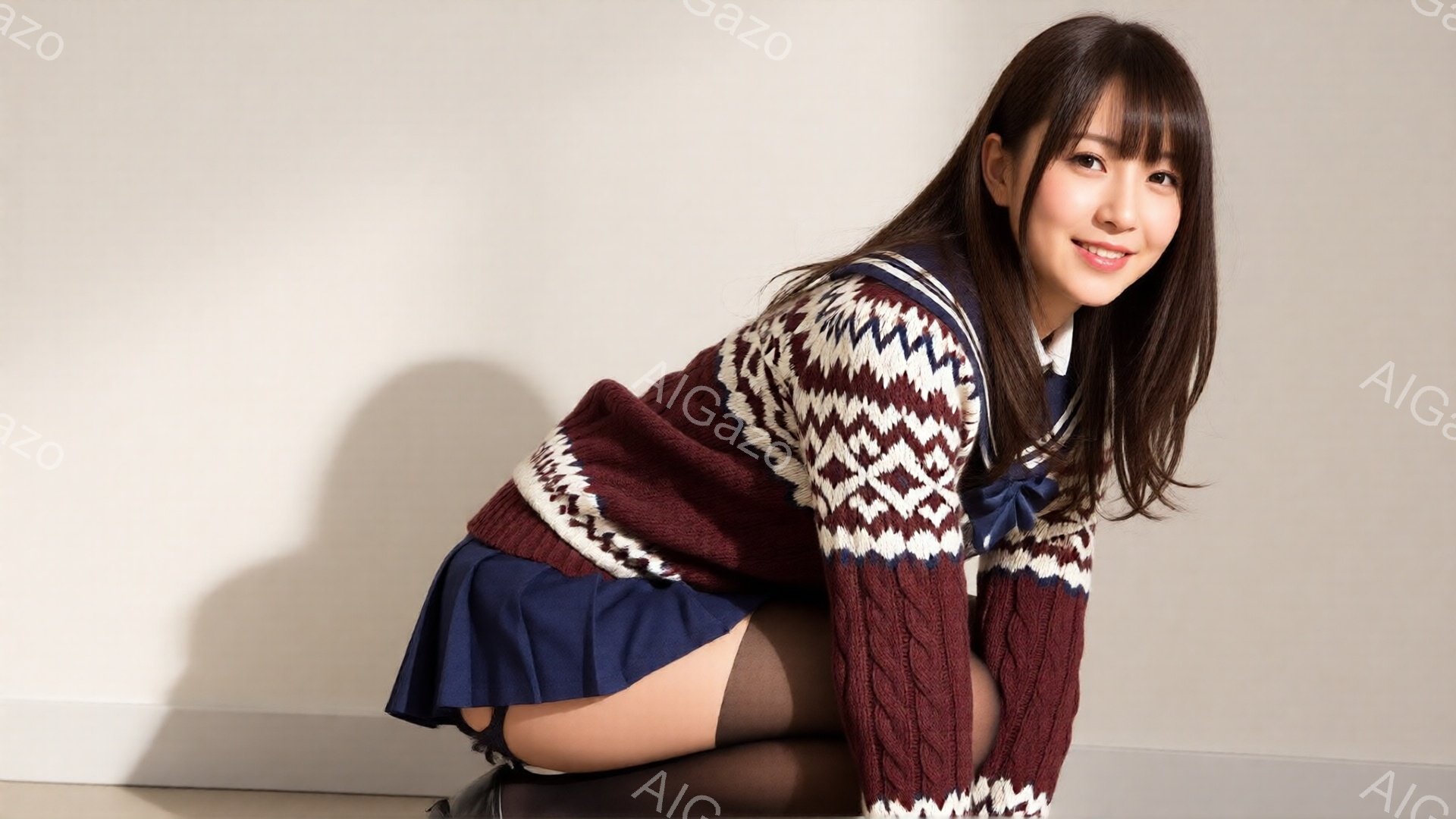 長い茶色の髪をサイドに流し、笑顔を見せている若い女性が写っています。彼女はワインレッドの幾何学模様のセーターと紺色のプリーツスカート、黒いタイツを着用し、床に膝をついてカメラの方を見ています。背景は白 - AI生成フリー素材