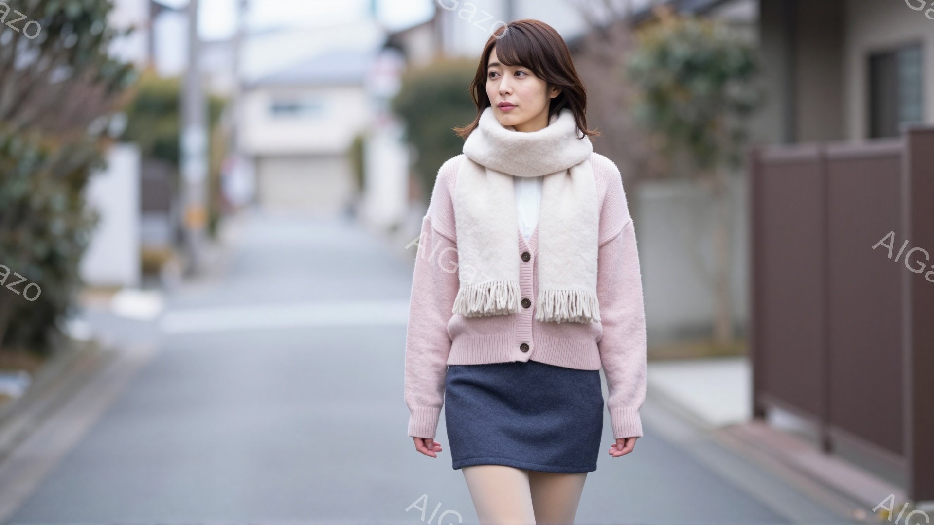 若い女性が道路を歩いている。彼女はピンクのカーディガン、濃いグレーのミニスカート、そしてオフホワイトのフリンジ付きマフラーを身につけており、少し微笑んでいる。背景には住宅街が広がり、天候は曇りで少し肌寒い様子が伺える。