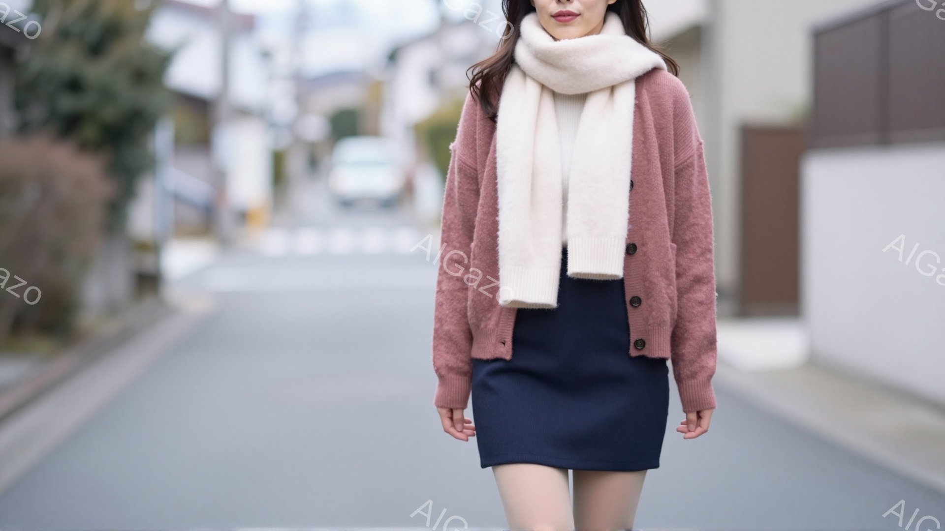 モデルはピンク色のカーディガンと濃紺のスカートを着用し、白いマフラーを首に巻いています。彼女は少し微笑み、まっすぐカメラの方を見ています。背景は住宅街の道路で、曇り空の下、穏やかな雰囲気です。 - AI生成フリー素材