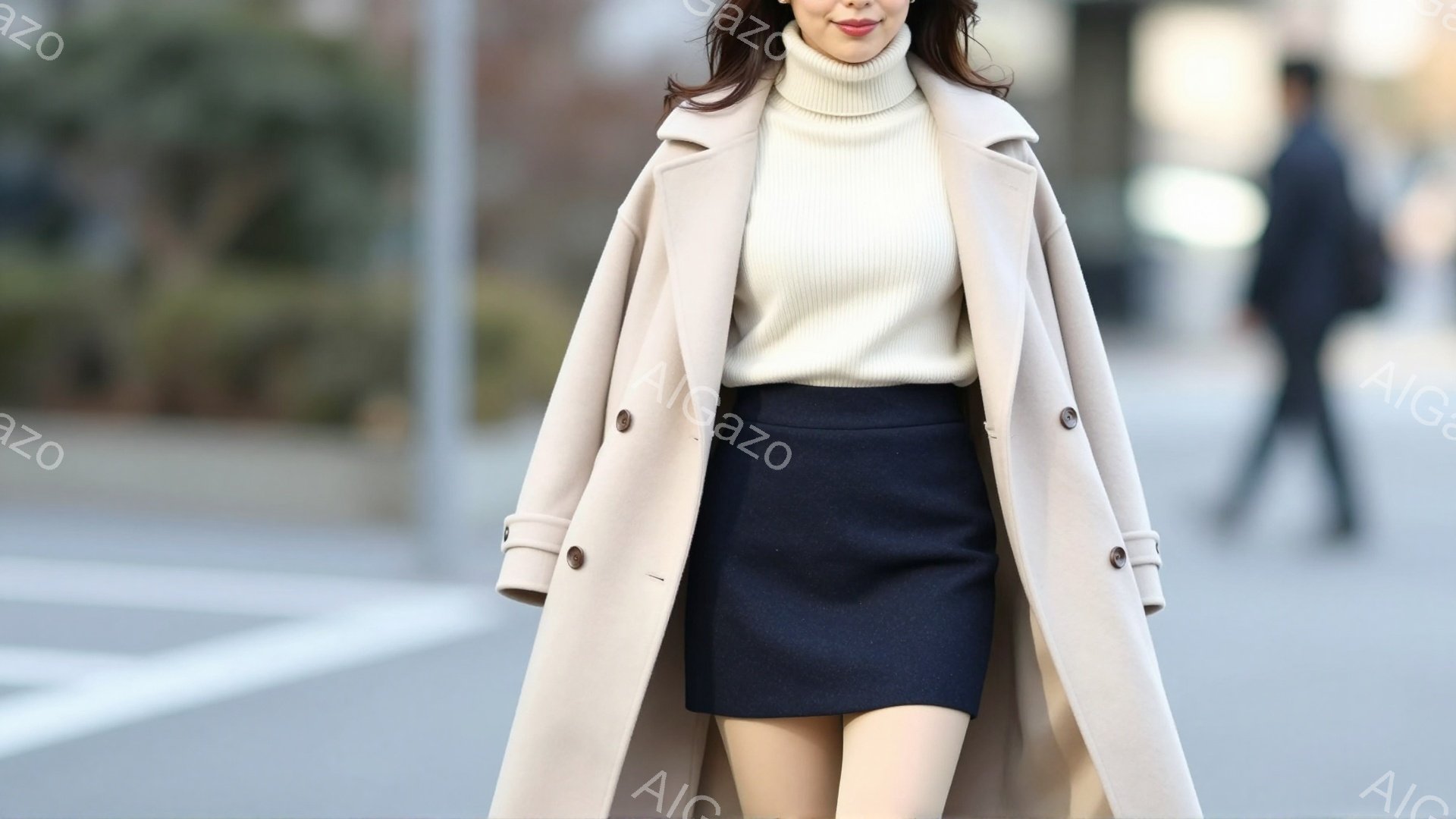 明るいベージュのオーバーコートを羽織った女性が写っています。白いタートルネックセーターと濃い紺色のミニスカートを合わせ、足元はクリーム色のタイツとパンプスです。背景にはぼやけた道路と緑、そして遠くに歩行者が見え、晴れた日の都会的な雰囲気を醸し出しています。