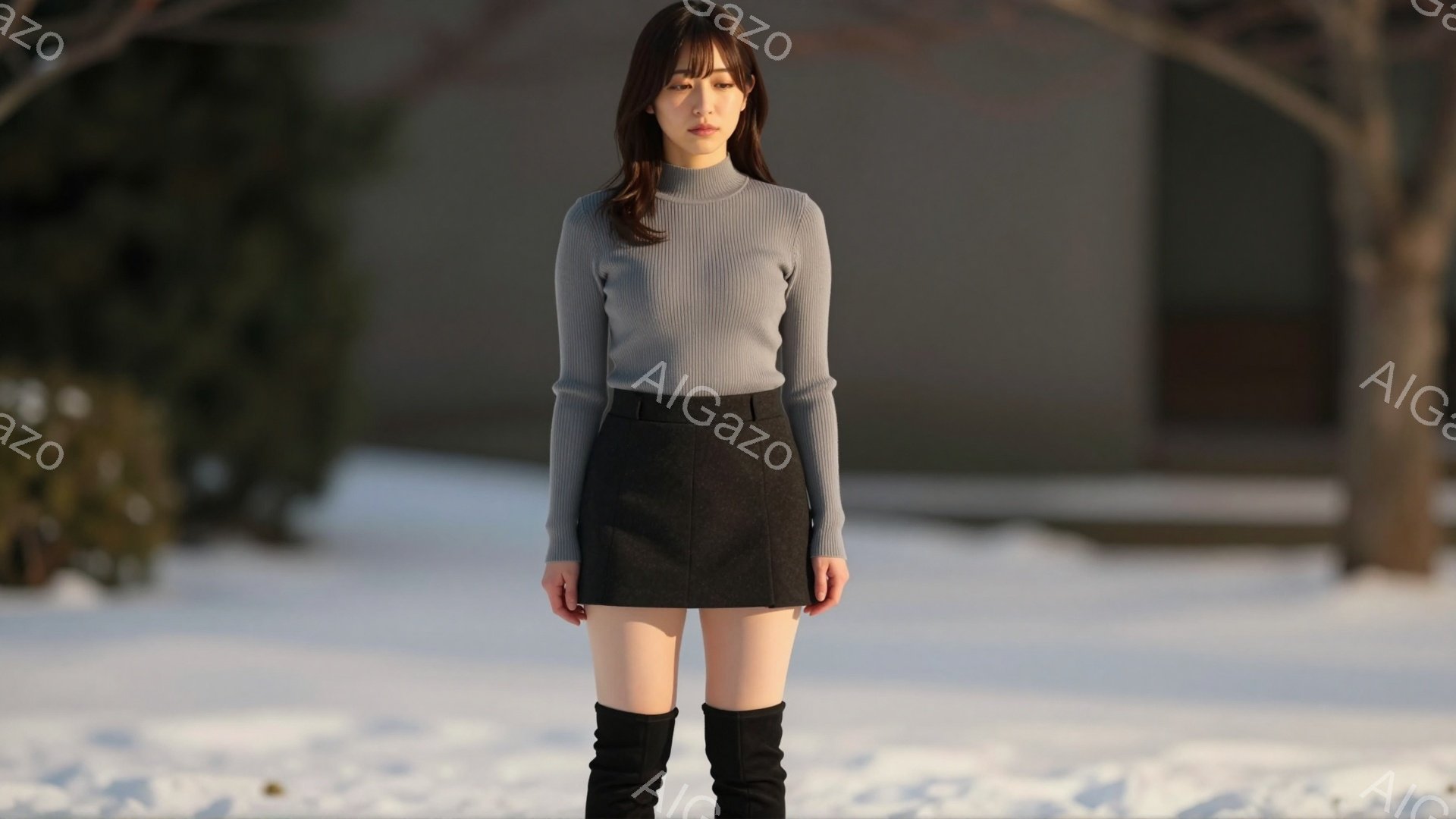 長い黒髪をセンターパートにした女性が、薄い水色のタートルネックニットと黒のミニスカート、黒のロングブーツを身につけて立っている。彼女は正面をまっすぐ見ており、表情は穏やかで落ち着いている。背景は雪景色 - AI生成フリー素材