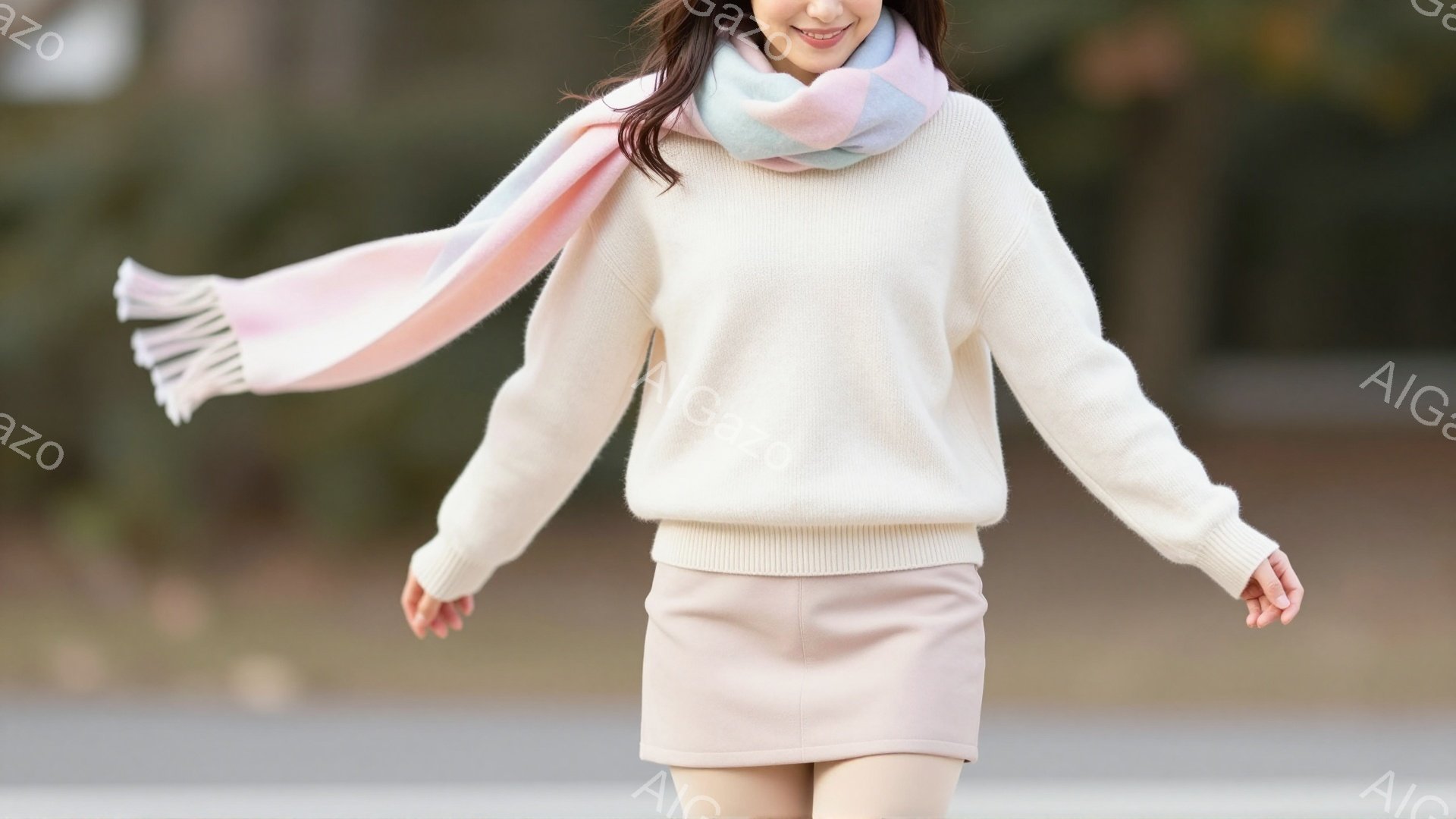 若い女性がベージュのセーターとミニスカートを着用し、パステルカラーのストールを首に巻いている。彼女は笑顔で、両手を広げて歩いているようなポーズをとっており、背景にはぼやけた自然が見える。全体的に、明るく穏やかな春の日の雰囲気が漂っている。