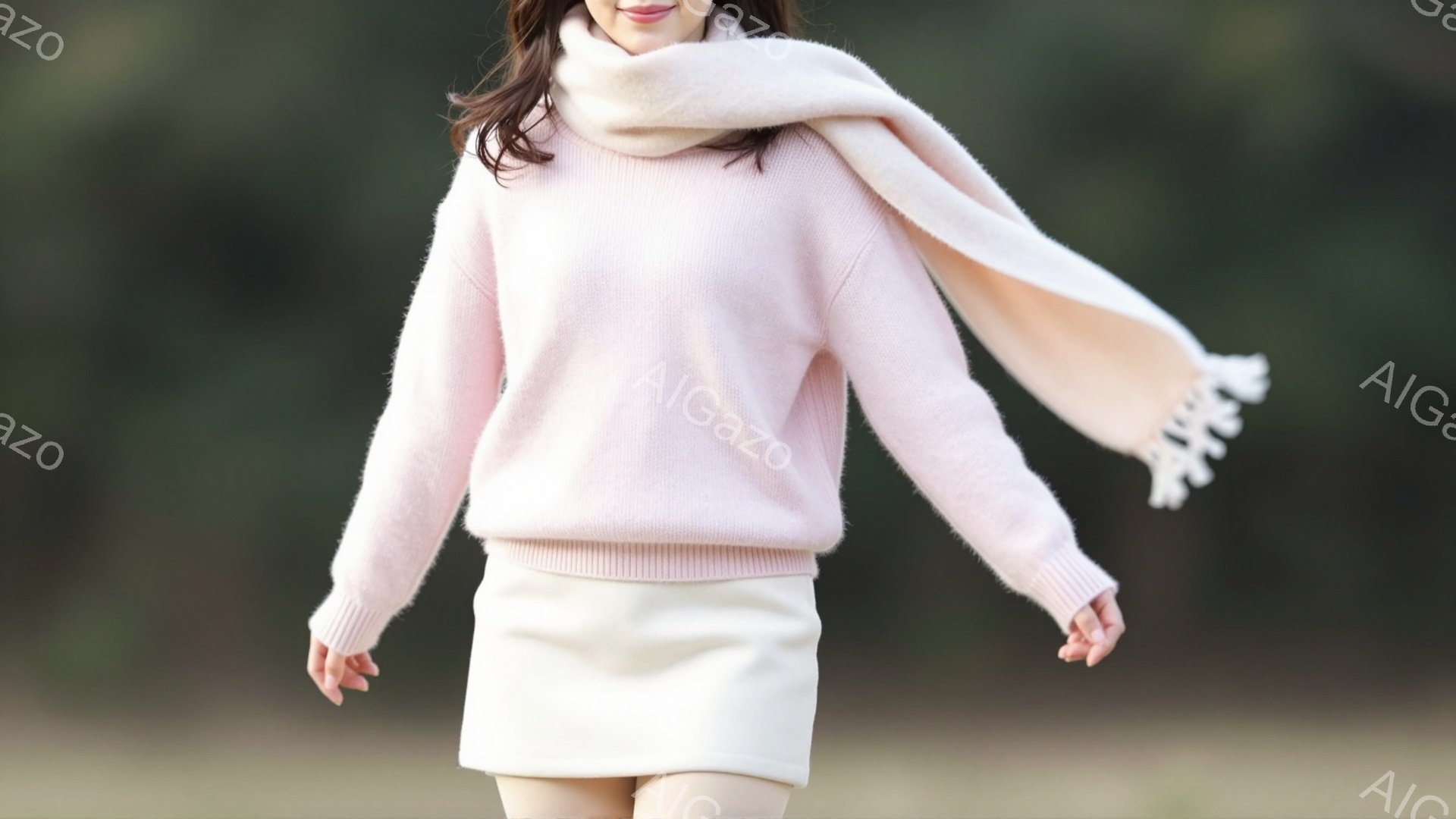 薄いピンク色のふわふわとしたセーターと白いミニスカートを身につけた女性が写っています。彼女はピンク色のマフラーを首に巻き、少し微笑んでいるように見え、リラックスした姿勢で立っています。背景はぼやけた緑 - AI生成フリー素材