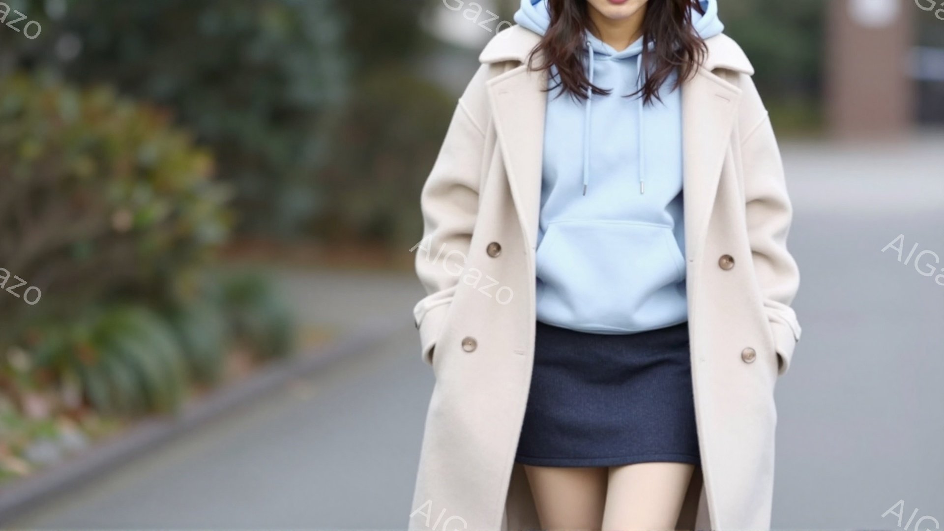 明るいベージュ色のオーバーコートを羽織った女性が写っています。水色のパーカーと黒のミニスカートを合わせ、カジュアルでありながらも上品なスタイルです。背景には緑の植物と灰色のアスファルトがあり、穏やかな晴天の下で撮影されたようです。