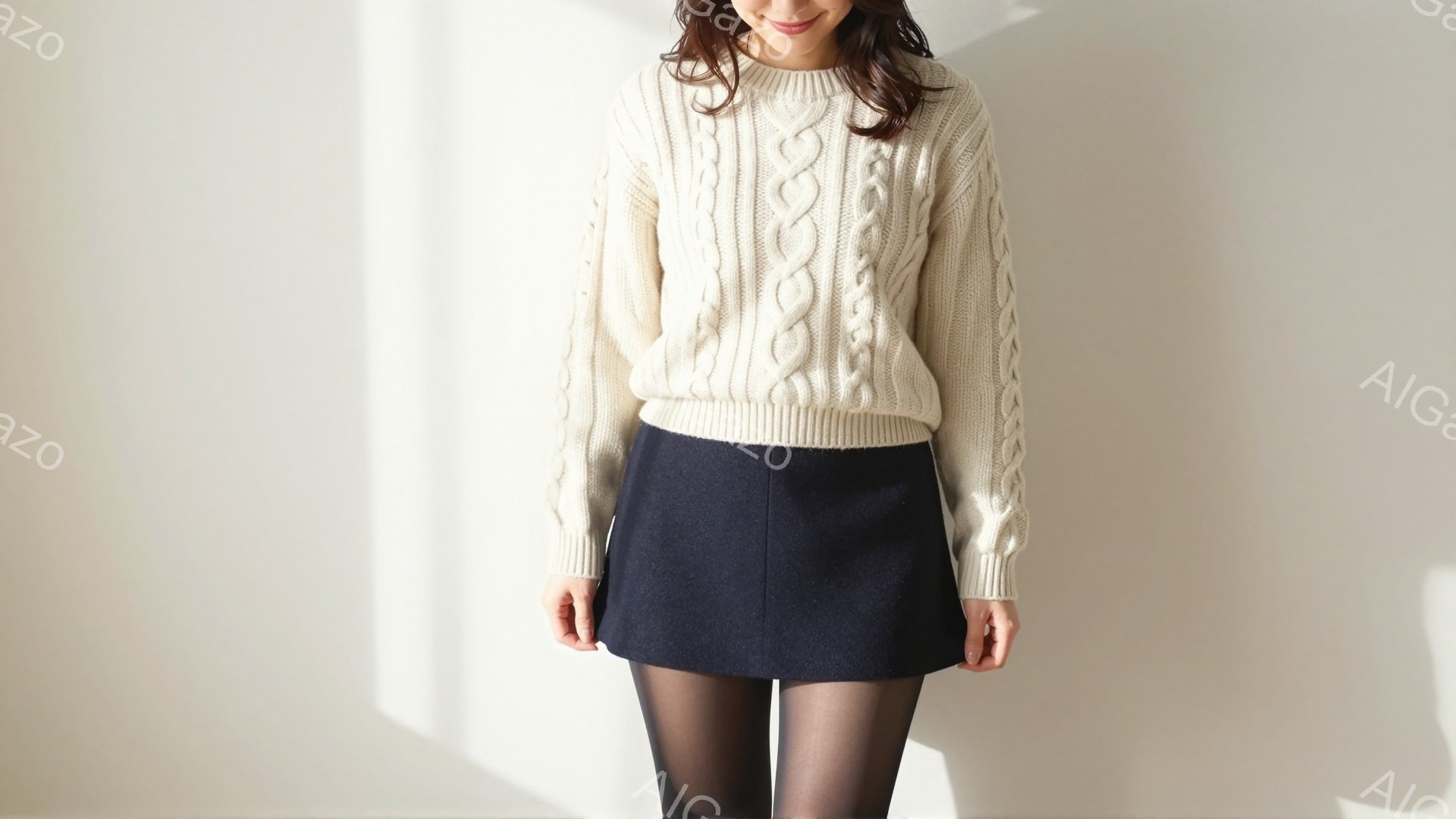 白いケーブルニットのセーターと濃い青色のミニスカートを着用した女性が立っています。彼女は黒いタイツを履いており、少し微笑んでいます。背景は明るいグレーで、光が壁に投影され、柔らかい雰囲気を作り出しています。