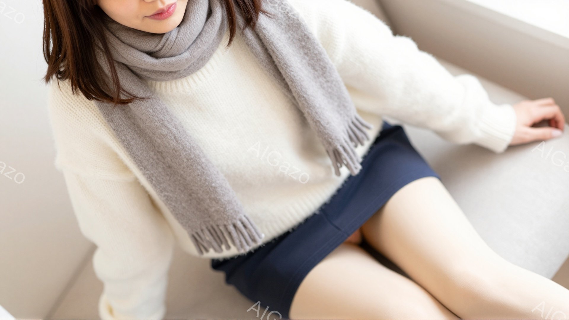 画像は、クリーム色のセーターと紺色のミニスカートを身につけた若い女性の一部を捉えています。彼女はグレーのフリンジ付きマフラーを首に巻き、少し口を開けて見つめています。背景はぼやけていますが、室内で柔らかい光が差し込み、リラックスした雰囲気が漂っています。