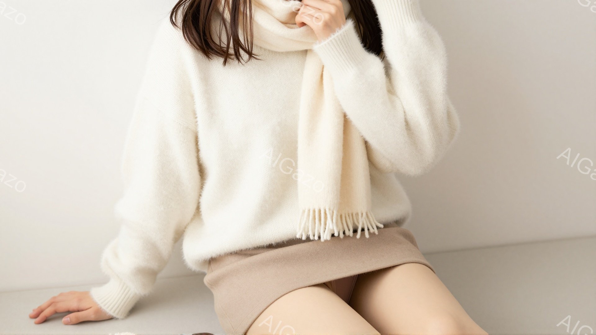モデルはオフホワイトのふわふわしたセーターとベージュのペンシルスカートを身に着けています。彼女は床に座り、片手を顎に当てて何かを考えているような表情をしています。背景は無地の薄いグレーで、全体的に柔らかく、穏やかな雰囲気を醸し出しています。