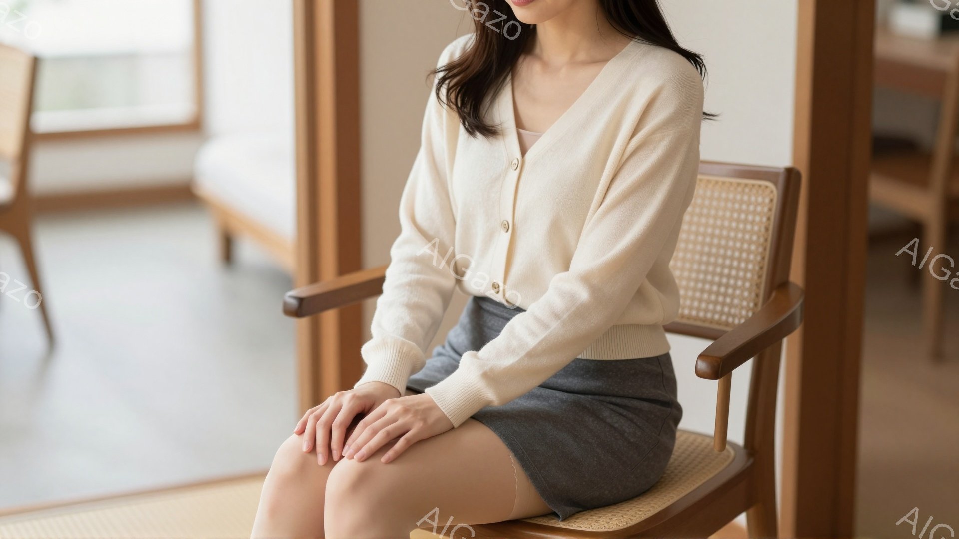 明るいベージュのカーディガンを着た女性が、グレーのスカートに座って穏やかな表情を浮かべています。彼女は膝を揃え、少し内側に丸めた姿勢で、リラックスした雰囲気を醸し出しています。背景には木の椅子と柔らかな自然光が差し込む室内がぼんやりと見え、全体的に暖かく穏やかな印象を与えます。