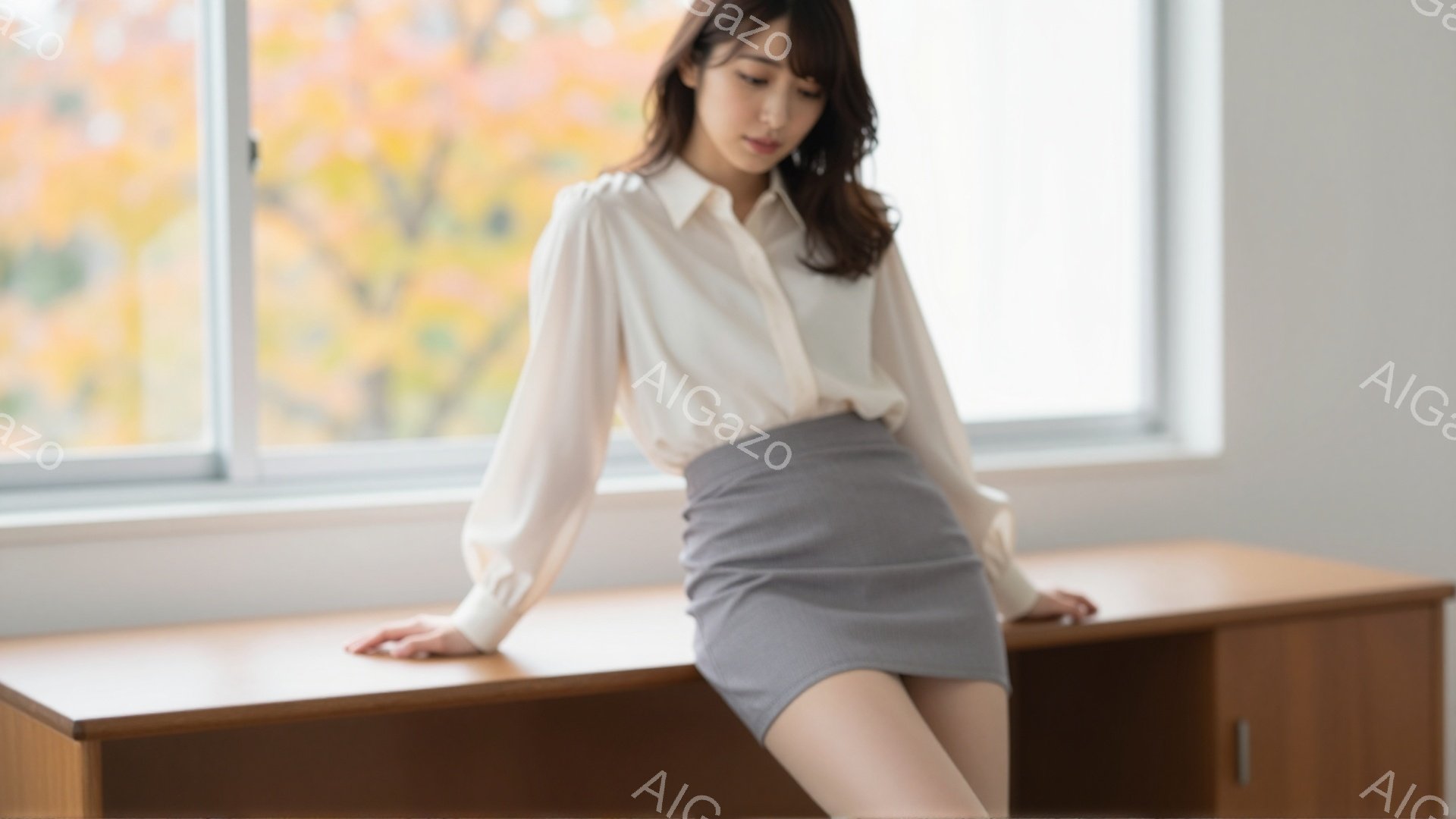 明るい窓辺で、ベージュのブラウスとグレーのタイトスカートを身につけた女性が、木製の棚にもたれかかって座っています。彼女は長い髪を肩にかけ、やや微笑んだ表情を浮かべています。背景には、秋の紅葉が見える窓と、シンプルな木製の家具が配置されており、落ち着いた雰囲気を醸し出しています。