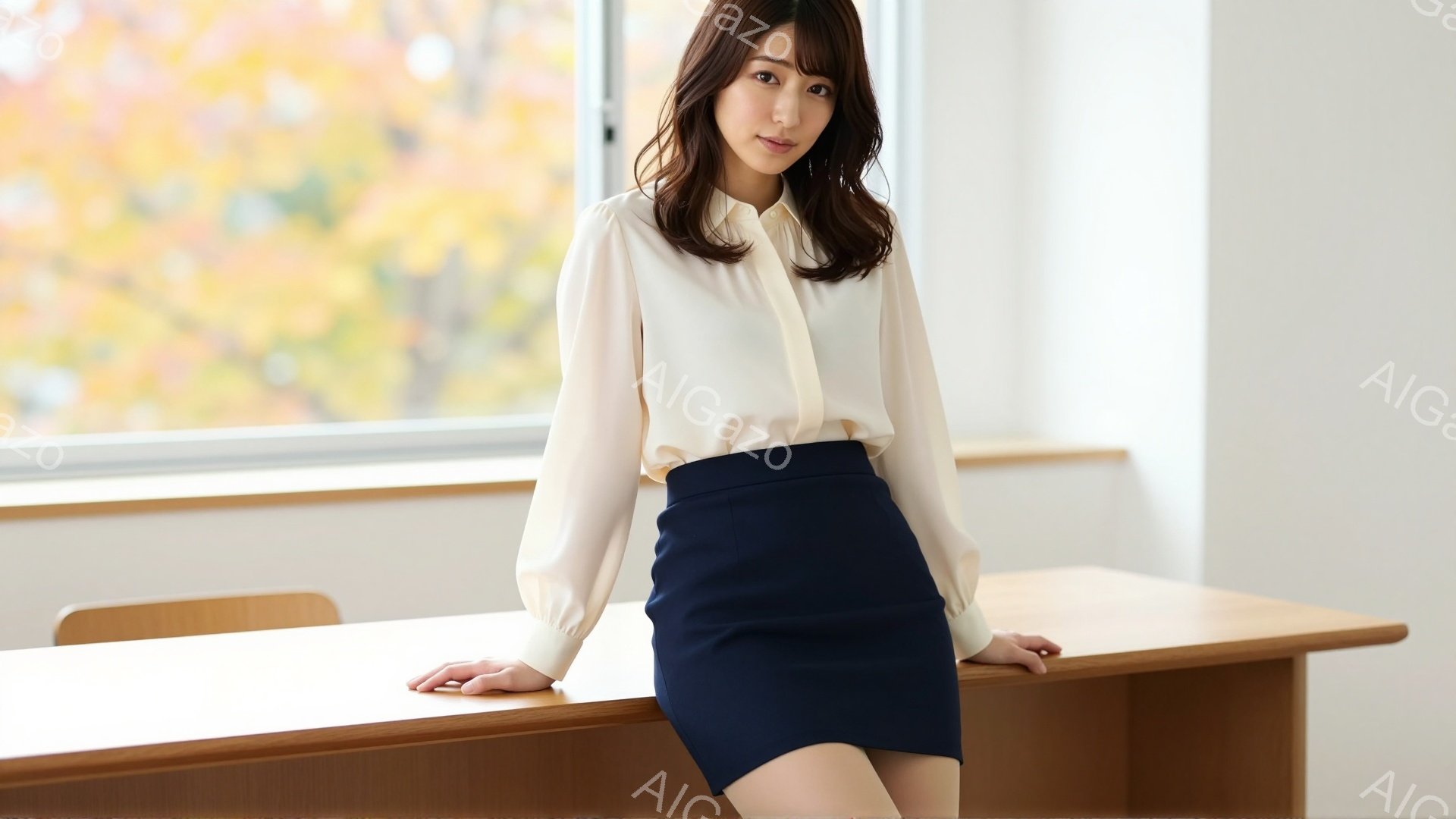 画像は、明るい背景を背にした若い女性が写っている。彼女は、オフホワイトの長袖ブラウスと濃い紺色のタイトスカートを着用し、落ち着いた表情でカメラを見つめている。窓の外には、秋の紅葉が見え、室内は温かく、 - AI生成フリー素材