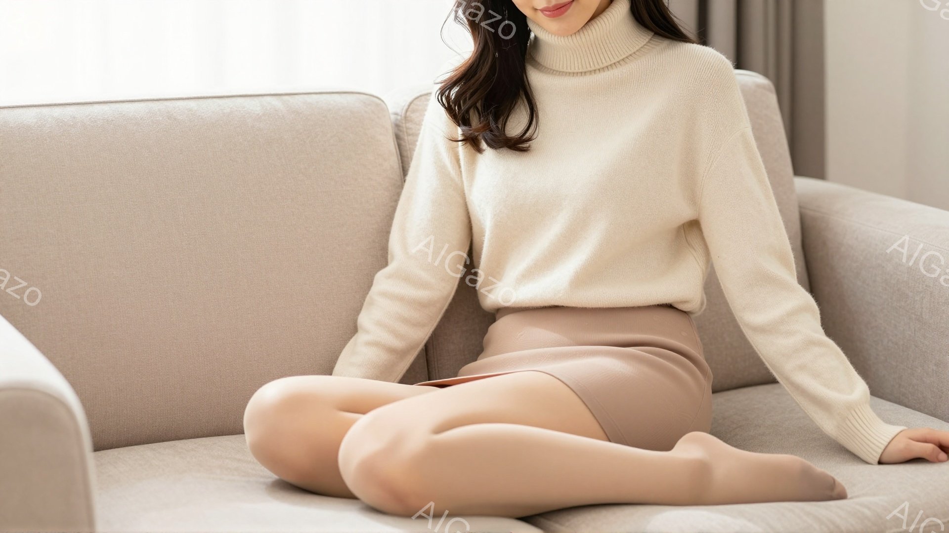 長い髪の女性が、ベージュのニットセーターとタイトなベージュのスカートを着用してソファに座っています。彼女は足を組んでリラックスしたポーズで、表情は穏やかで微笑んでいます。背景はシンプルなリビングルーム - AI生成フリー素材