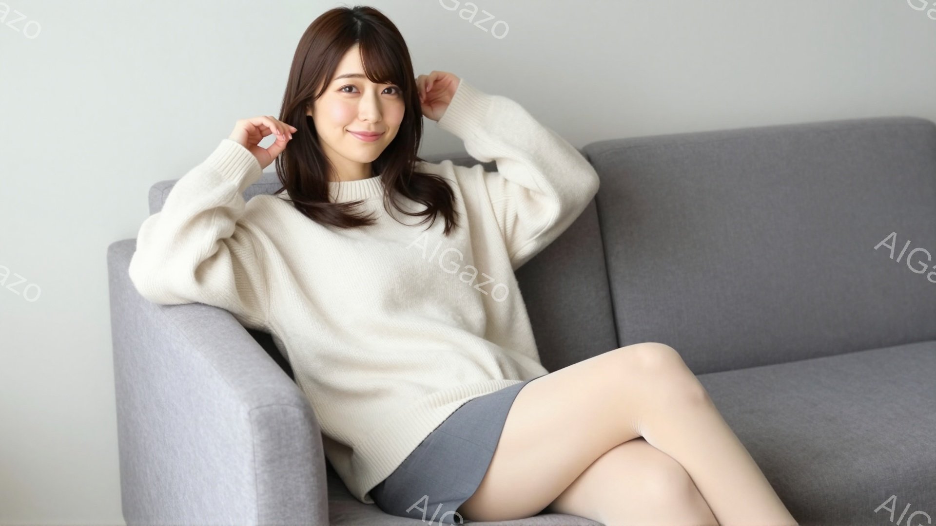 明るい茶色の髪を肩まで伸ばした女性が、グレーのソファーにリラックスして座っています。オフホワイトのセーターとグレーの短いスカートを着用し、膝を曲げて足を組んでいます。背景はシンプルな壁で、全体的に穏や - AI生成フリー素材
