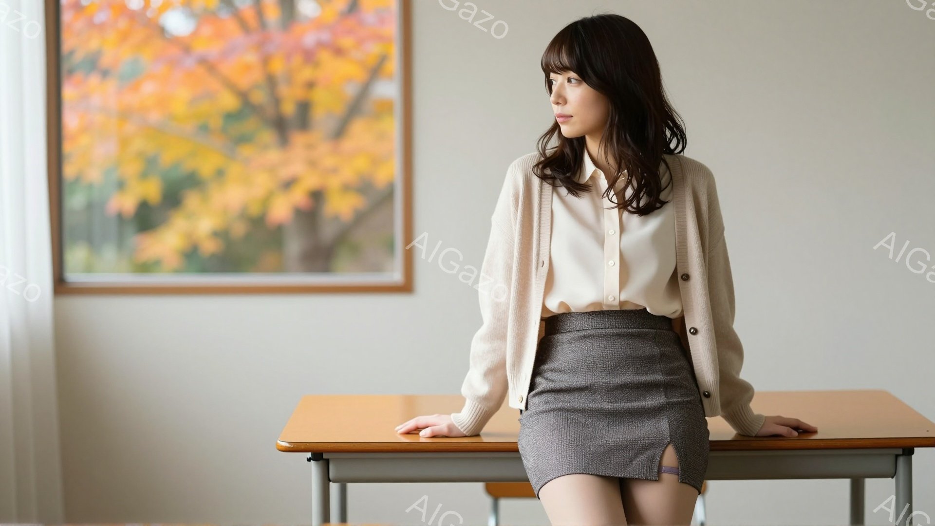 長い茶髪を肩にかかるようにした女性が、クリーム色のカーディガンとブラウス、そしてグレーのプリーツスカートを身につけている。彼女は教室のような場所の机に肘をつき、何かを考え込んでいるような表情をしている。背景には紅葉の絵画が飾られており、落ち着いた雰囲気である。