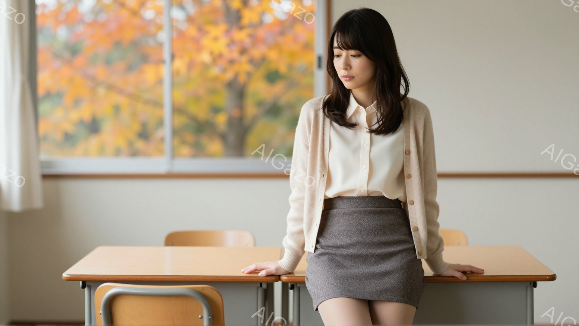 画像には、教室で机に寄りかかっている若い女性が写っています。彼女はオフホワイトのカーディガン、クリーム色のブラウス、そしてグレーのプリーツスカートを身につけ、前髪を長く残したダークブラウンの髪をしています。窓の外には紅葉した木々が見え、落ち着いた雰囲気の中で、彼女はわずかに顔を伏せ、物憂げな表情をしています。