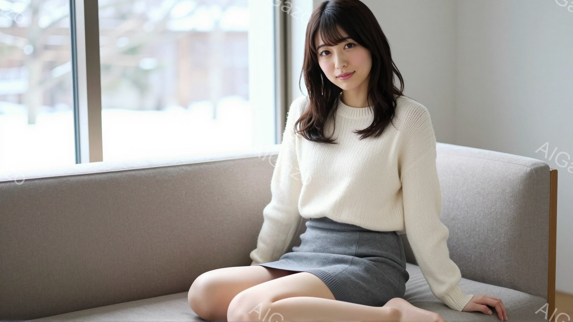 明るい色のセーターとグレーのスカートを身につけた女性が、明るいグレーのソファに座ってこちらを見ている。彼女は長い黒髪で、少し微笑んでおり、リラックスした雰囲気を醸し出している。背景には窓と、ぼやけた自 - AI生成フリー素材