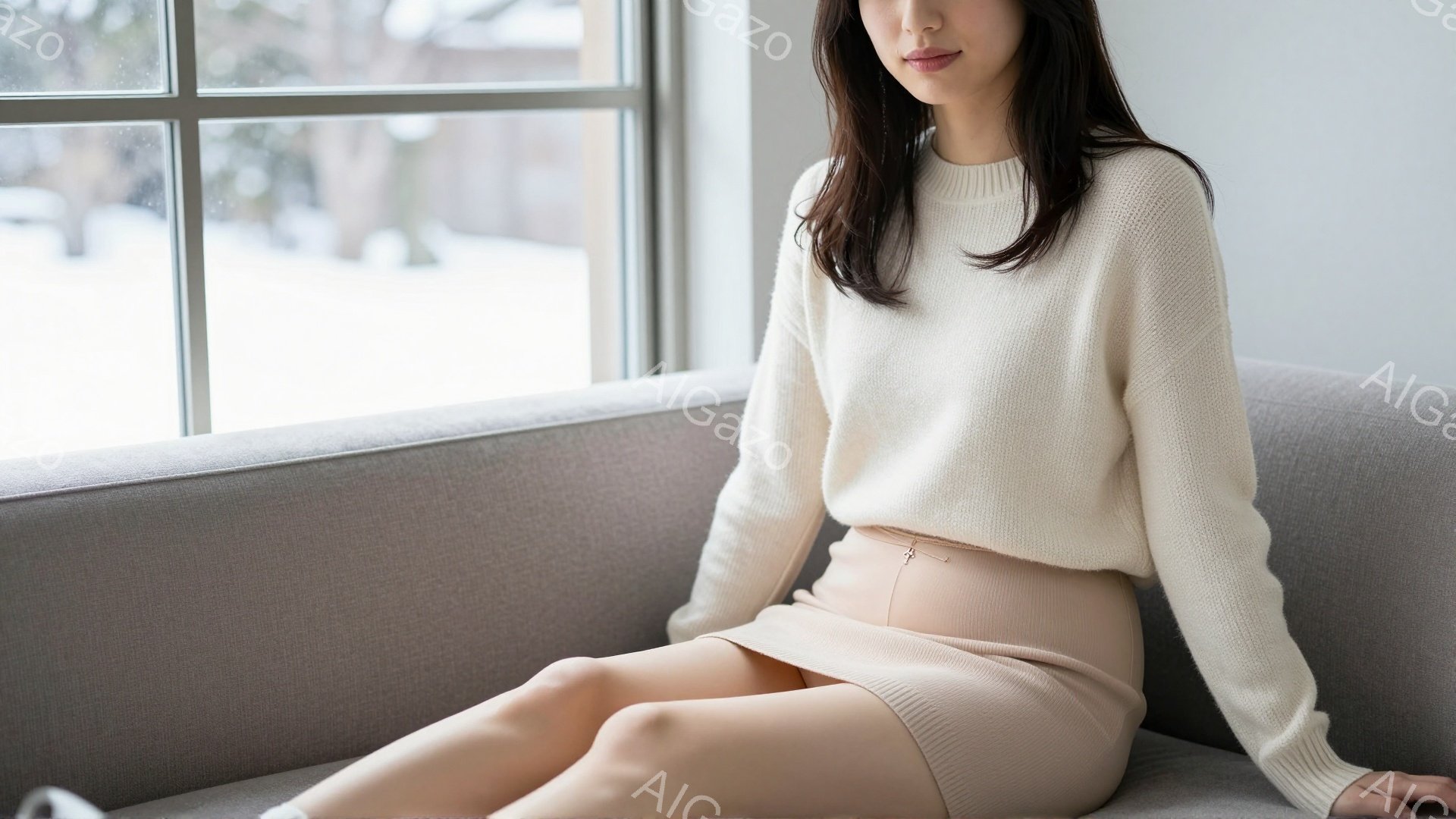 長い黒髪の女性が、グレーのソファに座っています。オフホワイトのセーターと、淡いピンクのスカートを身に着け、リラックスした姿勢で膝を揃えています。背景には窓があり、雪景色が見え、全体的に穏やかで暖かい雰 - AI生成フリー素材