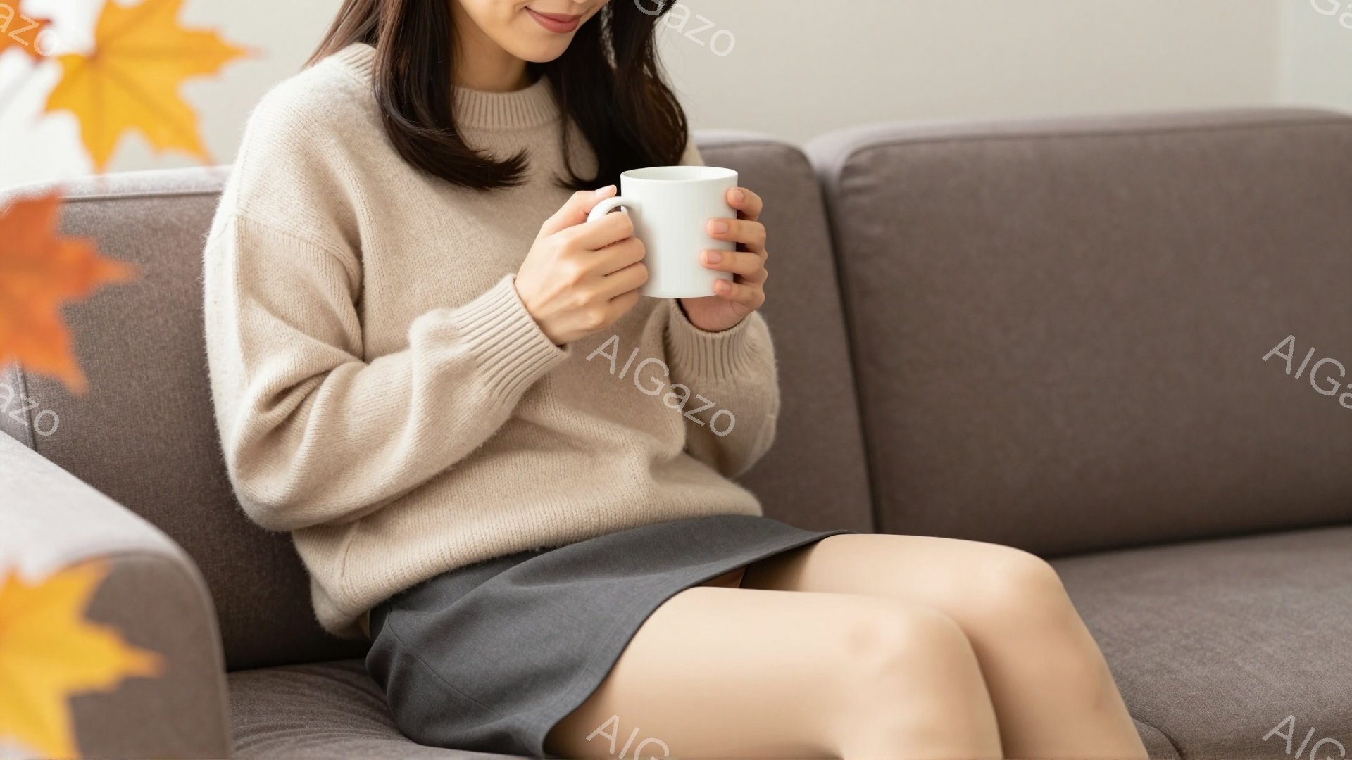 明るいベージュのセーターとグレーのスカートを身に着けた女性が、ソファーに座って温かい飲み物が入ったマグカップを両手で抱えています。彼女は微笑んでおり、リラックスした表情で、背景には秋らしいオレンジ色の - AI生成フリー素材