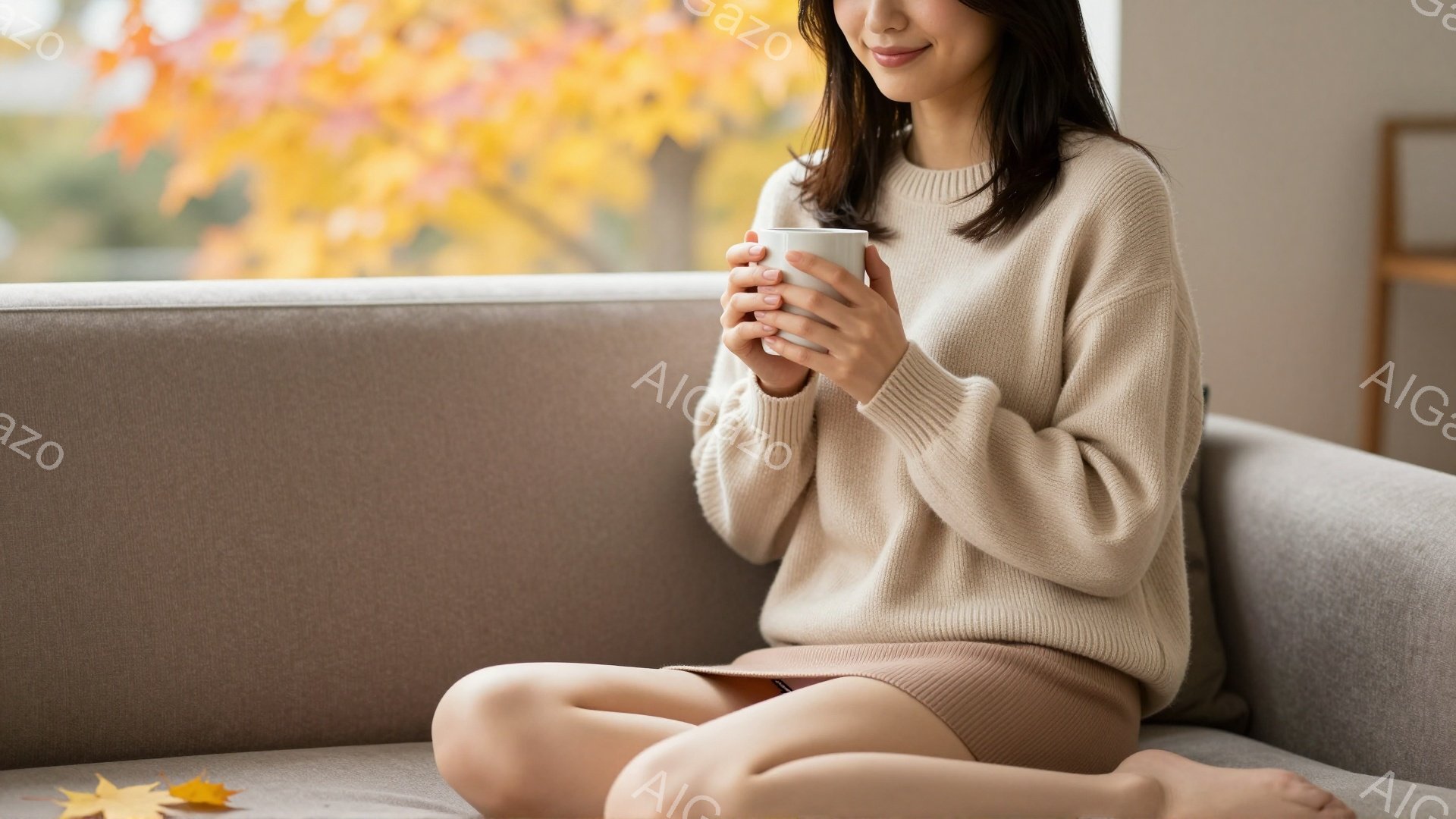 穏やかな表情の女性が、ベージュ色のニットのセーターとスカートを身に着け、ソファーに座って温かい飲み物を両手で抱えています。背景には、鮮やかな紅葉が窓から差し込み、秋の暖かく落ち着いた雰囲気を醸し出しています。室内は明るく、リラックスした時間が流れているようです。