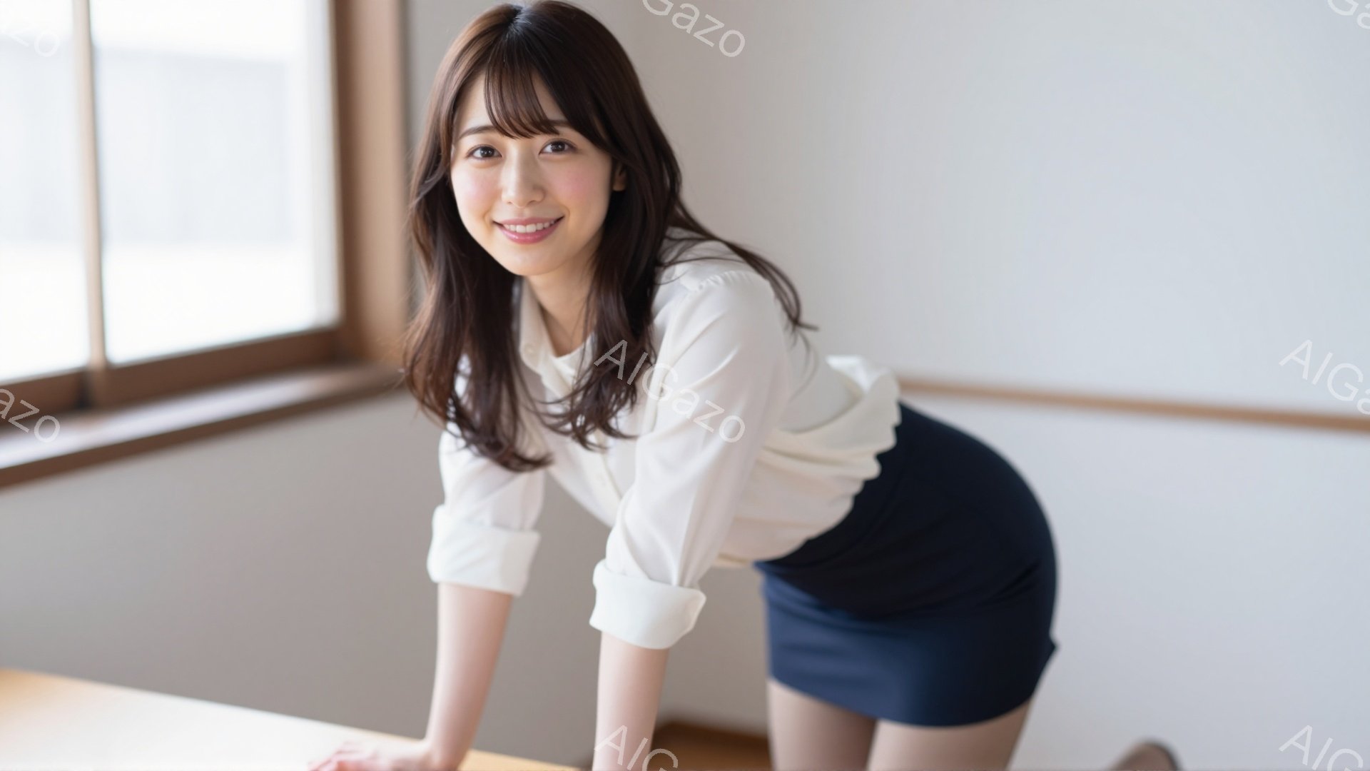 長い茶色の髪を持つ若い女性が、白いブラウスと濃い紺色のタイトスカートを着用して、少しうつむきながらカメラを見つめています。彼女は軽く微笑み、片手をテーブルに置いて体を少し前に傾けています。背景は明るいベージュ色の壁で、窓からの自然光が差し込み、全体的に明るく清潔感のある雰囲気が漂っています。