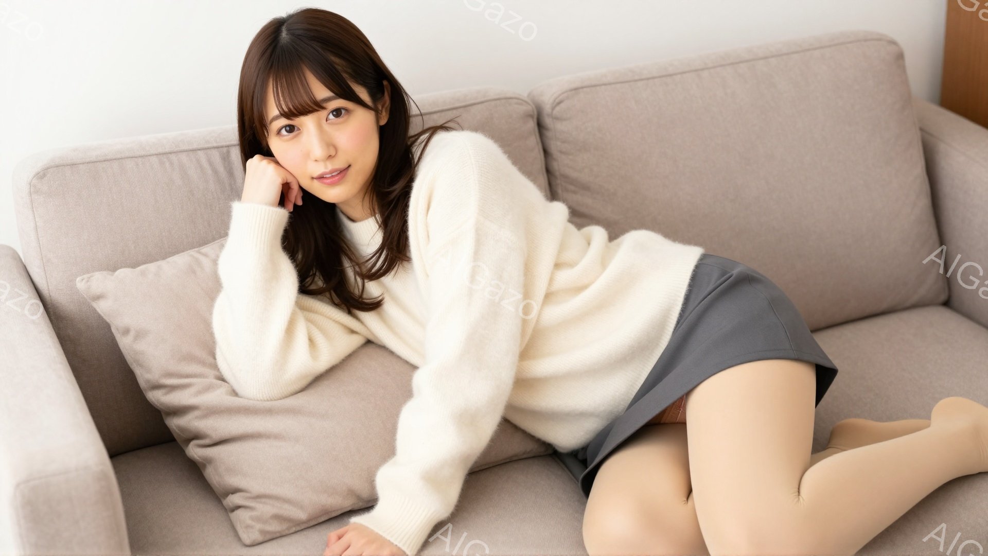 明るい茶色のソファに横たわる女性が写っています。オフホワイトのふわふわしたセーターと、グレーのミニスカートを身に着け、長いダークブラウンの髪を耳にかけるように流しています。リラックスした表情で、片手を - AI生成フリー素材