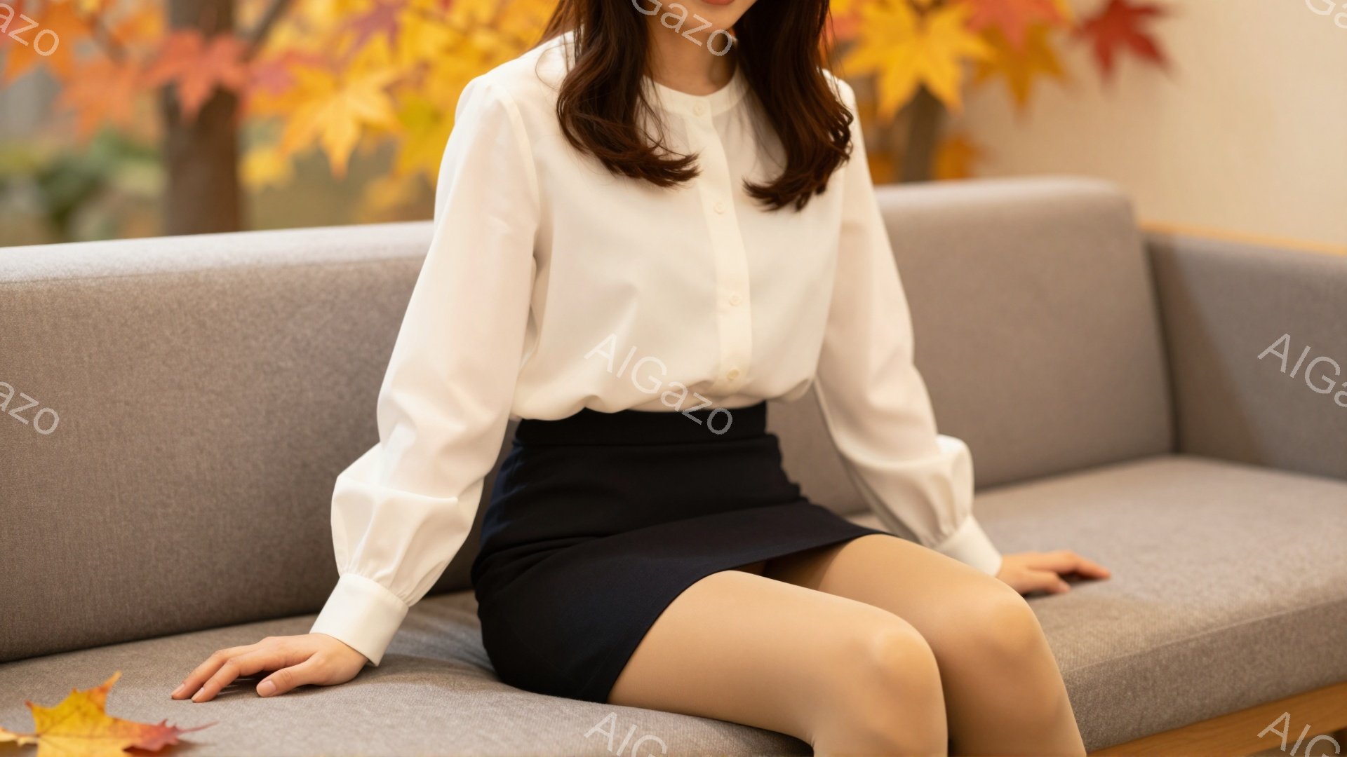 画像は、灰色のソファに座っている女性を捉えています。彼女は白いブラウスと黒のミニスカートを身につけ、髪は肩にかかる長さで、穏やかな表情をしています。背景には、紅葉の木々がぼやけて見え、秋の雰囲気を感じさせます。
