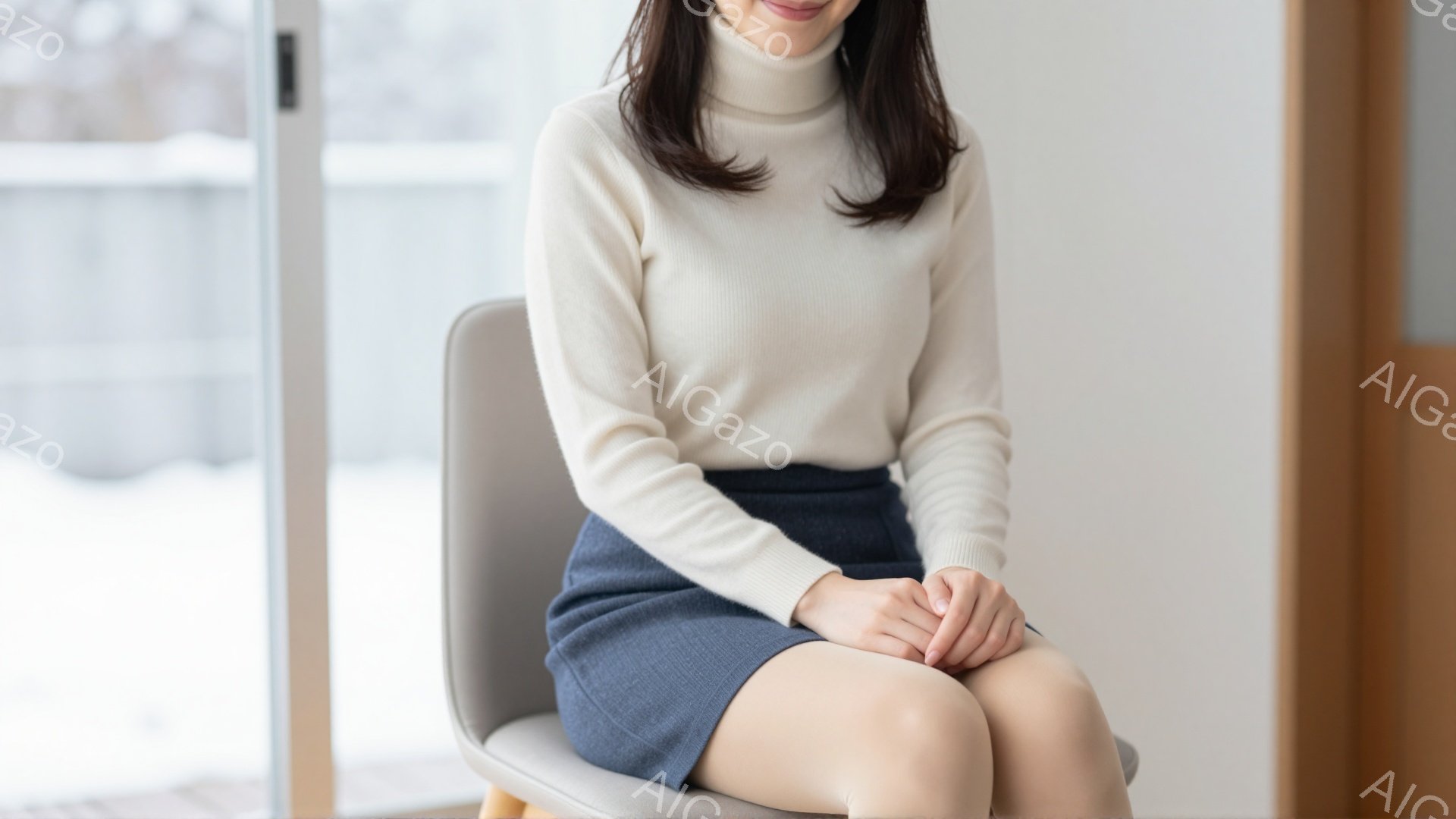明るいベージュのタートルネックセーターを着た女性が、紺色の短いプリーツスカートに座っています。彼女は椅子に座り、膝を重ねて少し伏し目がちで、穏やかな表情をしています。背景には大きな窓があり、外は雪景色 - AI生成フリー素材