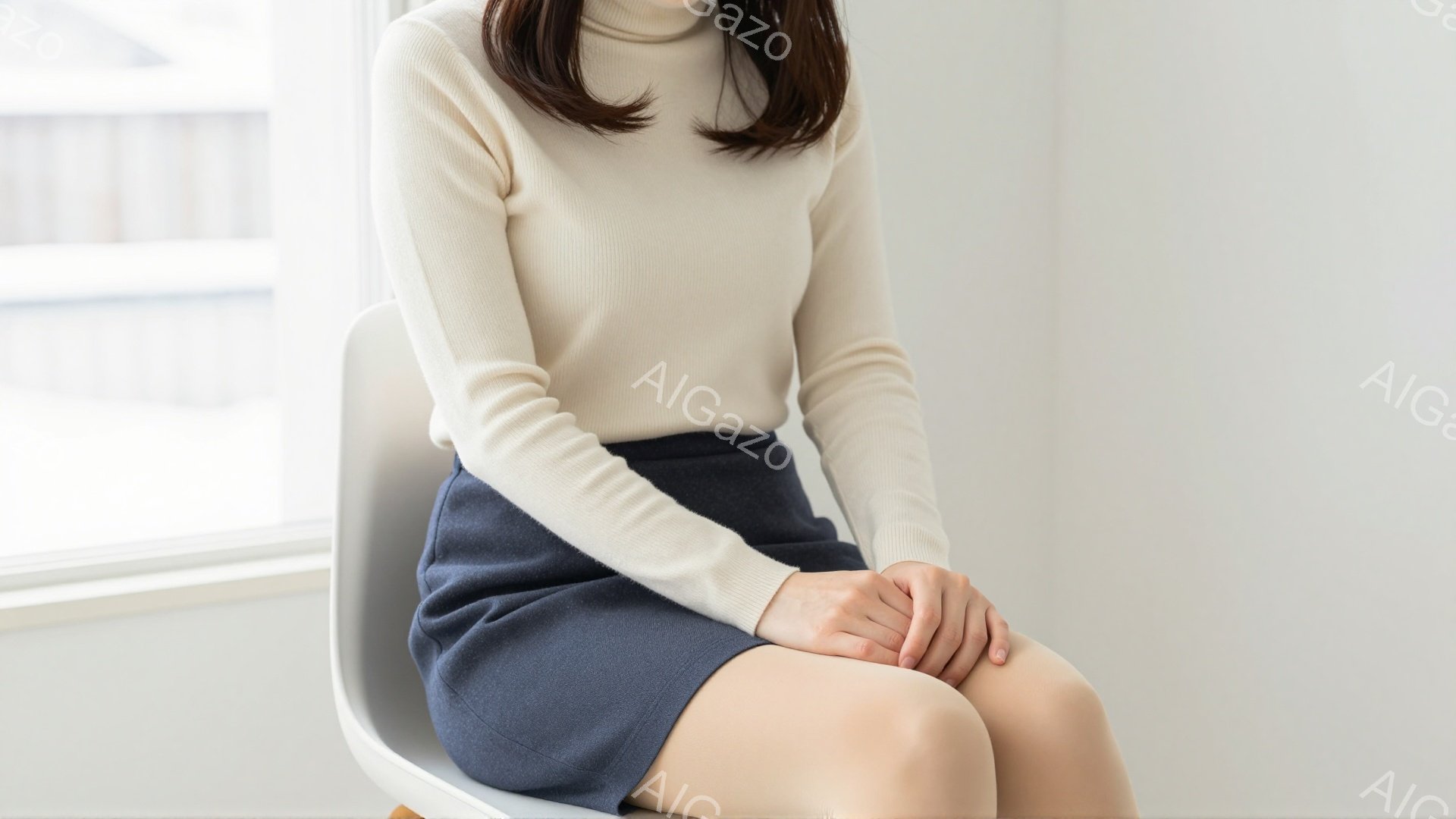 白いセーターと紺色の膝丈スカートを身につけた女性が椅子に座っています。彼女は両手で膝を抱え、少し内向きに姿勢を丸めています。背景は明るい室内で、窓の外にはぼんやりと建物が見え、全体的に穏やかで落ち着いた雰囲気です。