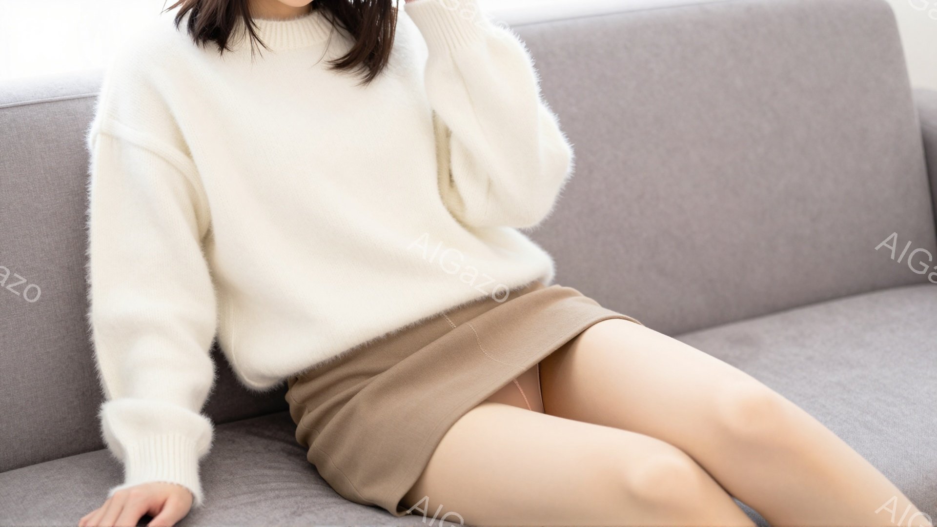 画像は、グレーのソファに座っている女性の膝上を捉えています。女性はふわふわした白いセーターとベージュの短いスカートを着用し、薄い色のタイツを履いています。リラックスした雰囲気で、膝を曲げて座っており、 - AI生成フリー素材