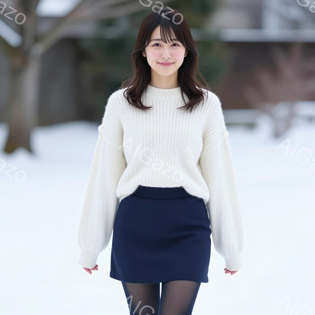 彼女は白いゆったりとしたニットセーターと濃い紺色の短いスカートを身に着けています。黒いタイツを合わせ、少し微笑んだ表情でカメラを見ています。背景は雪景色で、木々がぼんやりと見え、冬の静かで穏やかな雰囲 - AI生成フリー素材