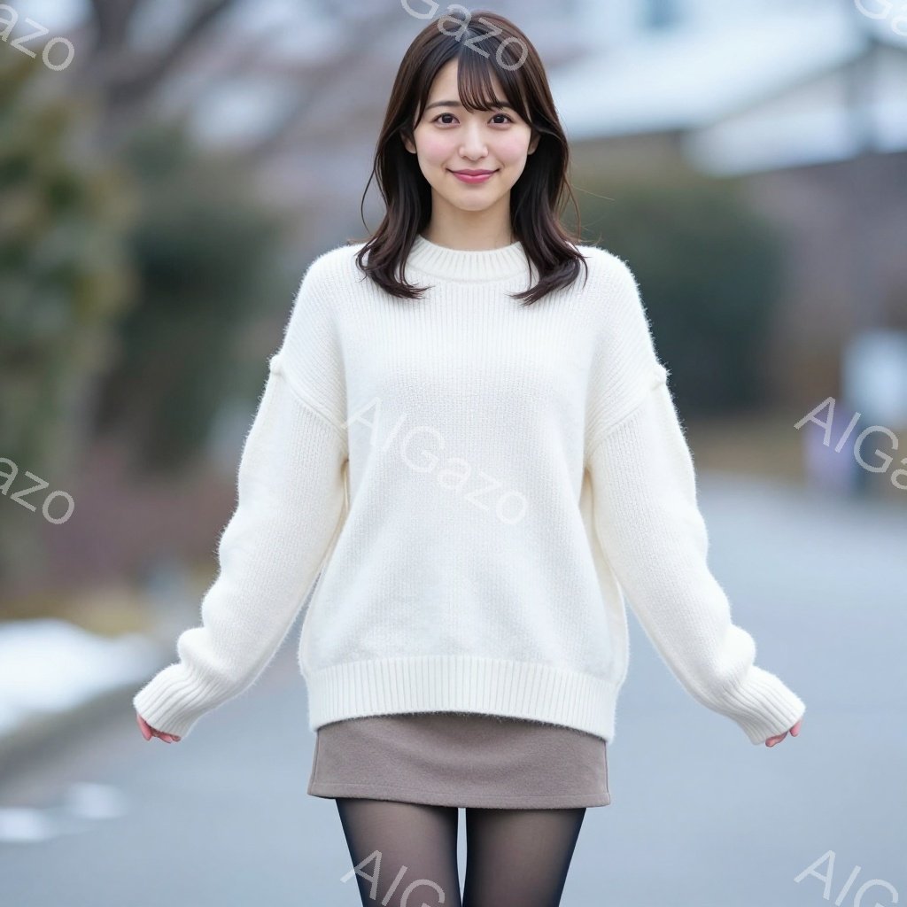 明るい茶髪の女性が、白のふわふわしたセーターと、ベージュのミニスカートを身に着けて立っています。彼女は微笑んでおり、姿勢はリラックスしています。背景はぼやけた街並みで、日差しが弱く、やや曇り空の冬の日 - AI生成フリー素材