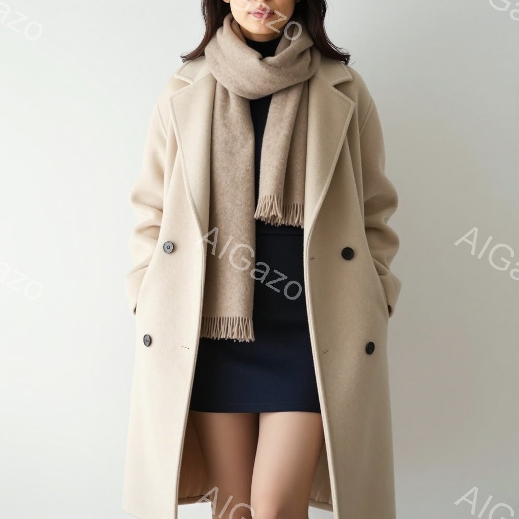モデルはベージュのロングコートと黒のワンピースを着用し、首にベージュの大きなスカーフを巻いています。彼女はまっすぐ前を見ており、表情は穏やかで、姿勢はリラックスしています。背景は白く、モデルが際立っており、全体的にシンプルで洗練された雰囲気です。