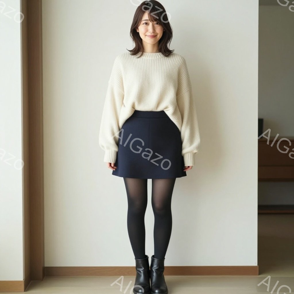 画像には、ベージュ色のゆったりとしたセーターと濃紺のミニスカートを着用した女性が立っています。彼女は黒いタイツと黒いアンクルブーツを履き、髪は肩までの長さで、前髪は流されています。背景はオフホワイトの壁で、右側には木製のキャビネットが見えます。