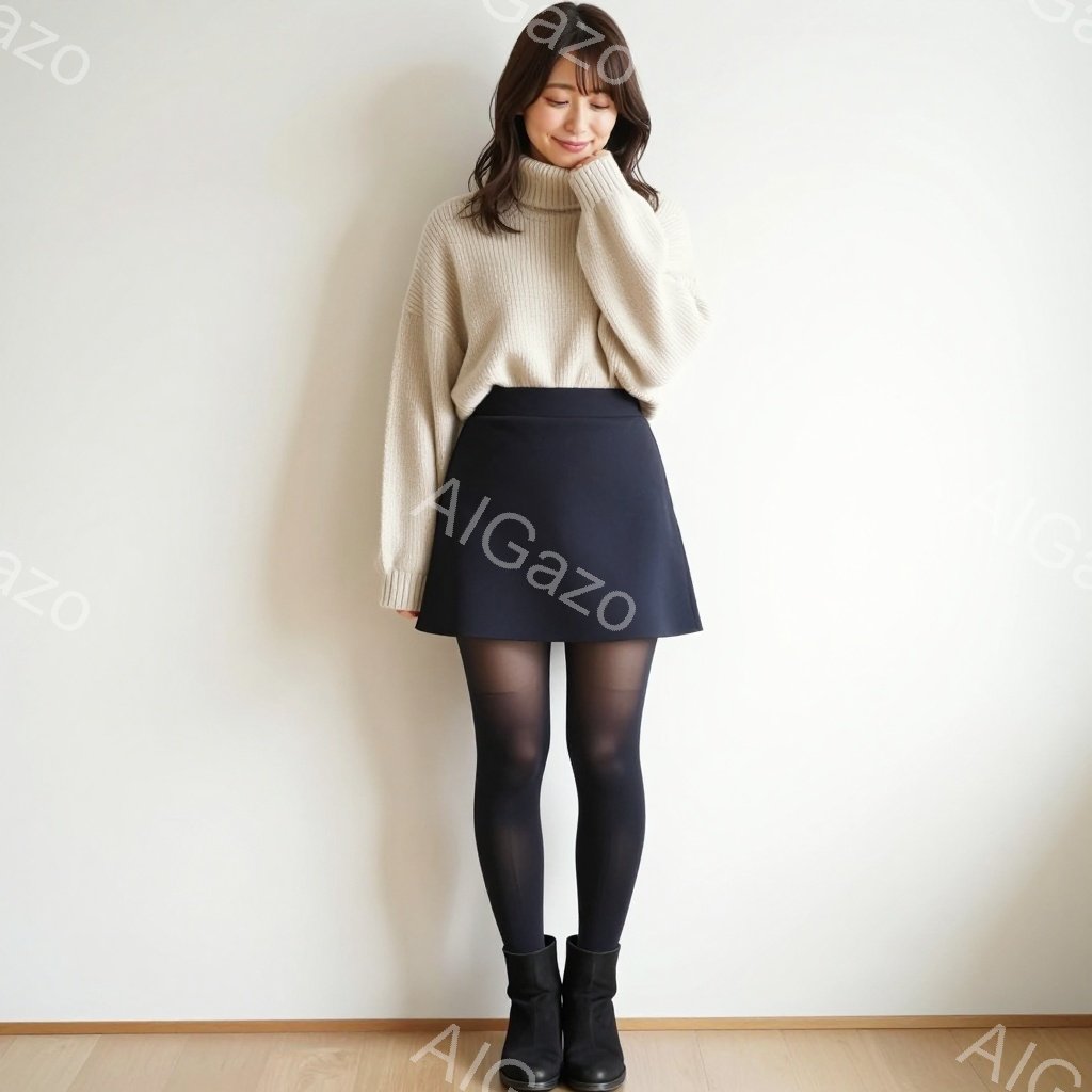 長い茶色の髪を耳にかける女性が、白いゆったりとしたセーターと黒いミニスカート、黒いタイツ、黒いアンクルブーツを身につけて立っています。彼女は微笑んでおり、リラックスした雰囲気です。背景は白と木のフローリングで構成されたシンプルな空間で、全体的に落ち着いた印象を与えます。